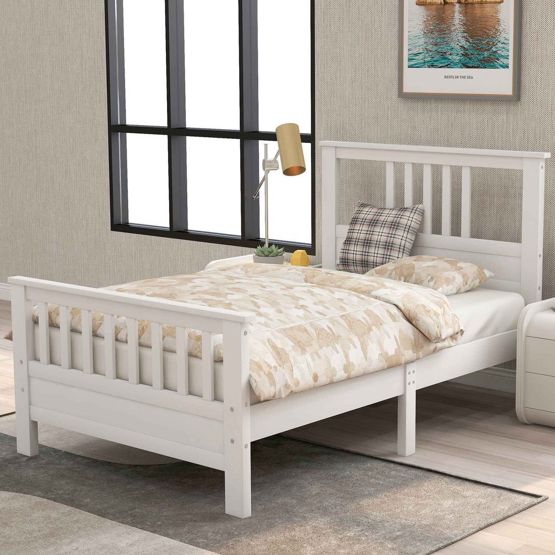 Elegant White Wood Platform Bed with Headboard and Footboard- USA