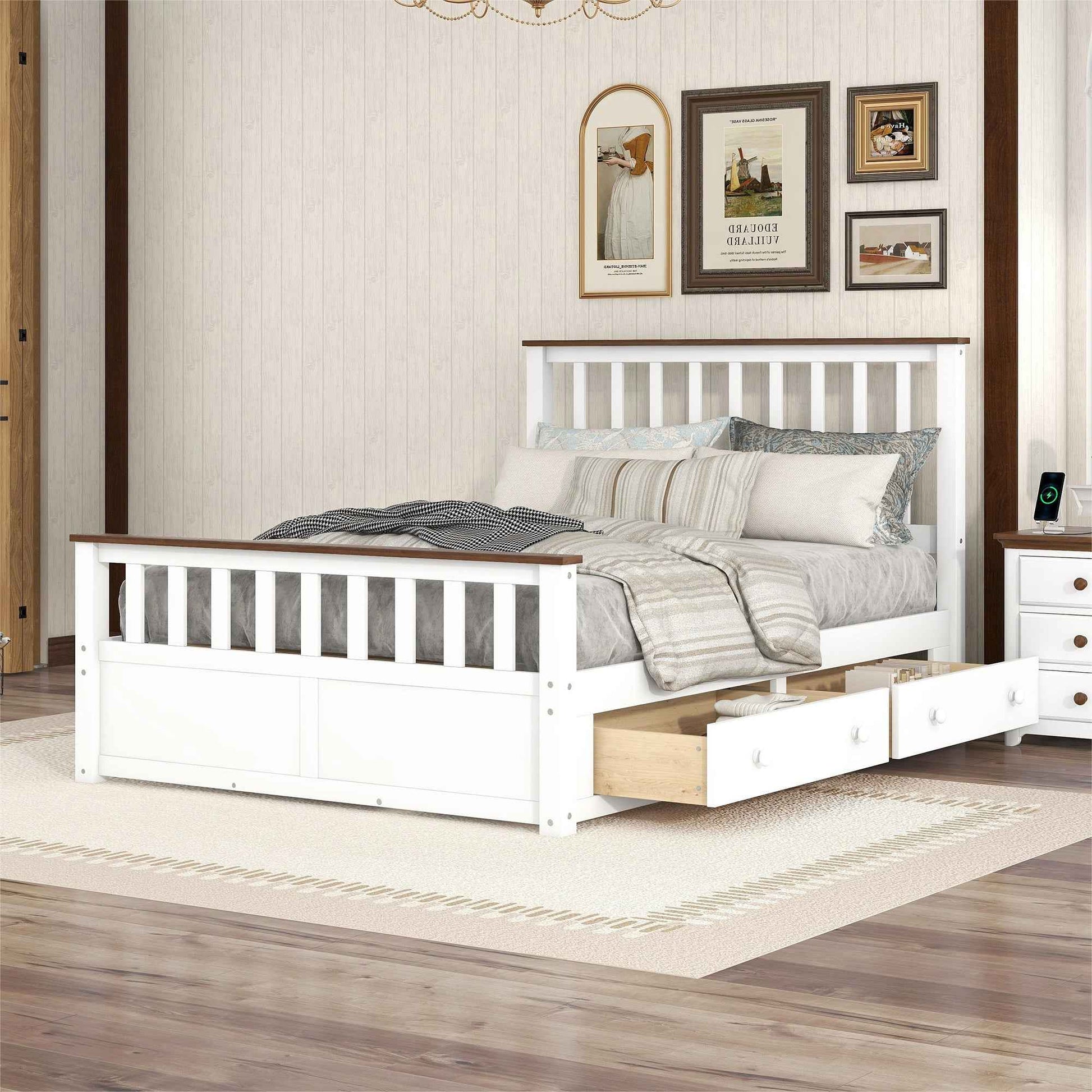 Elegant White Wood Platform Full Size Bed with Drawers