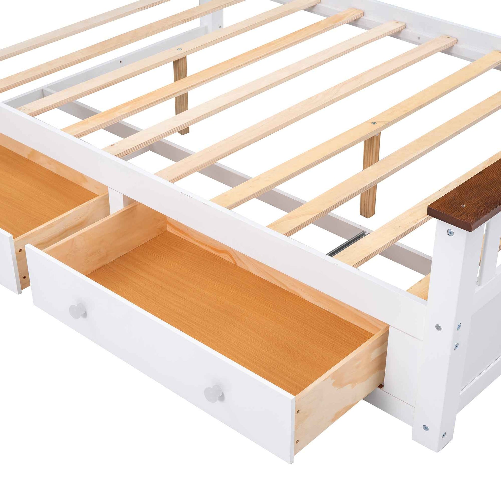 Elegant White Wood Platform Full Size Bed with Drawers