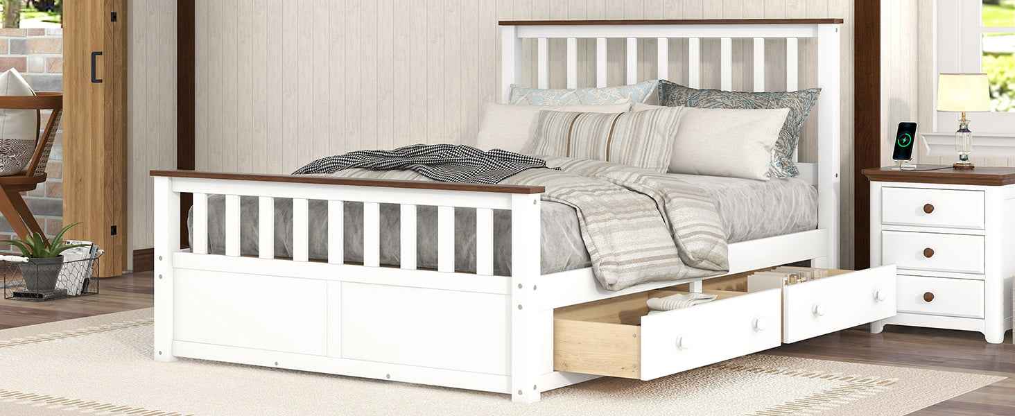 Elegant White Wood Platform Full Size Bed with Drawers