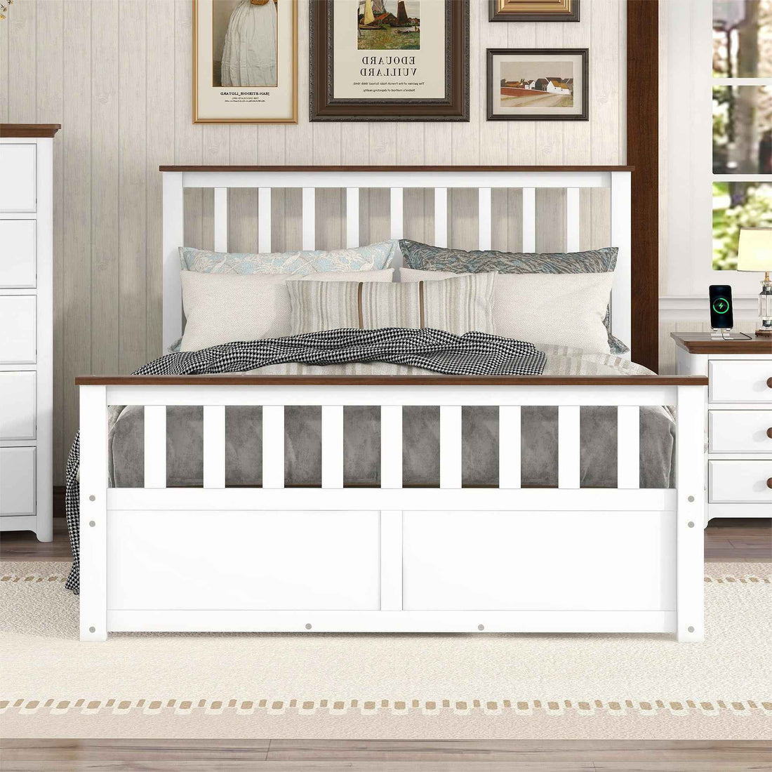 Elegant White Wood Platform Full Size Bed with Drawers