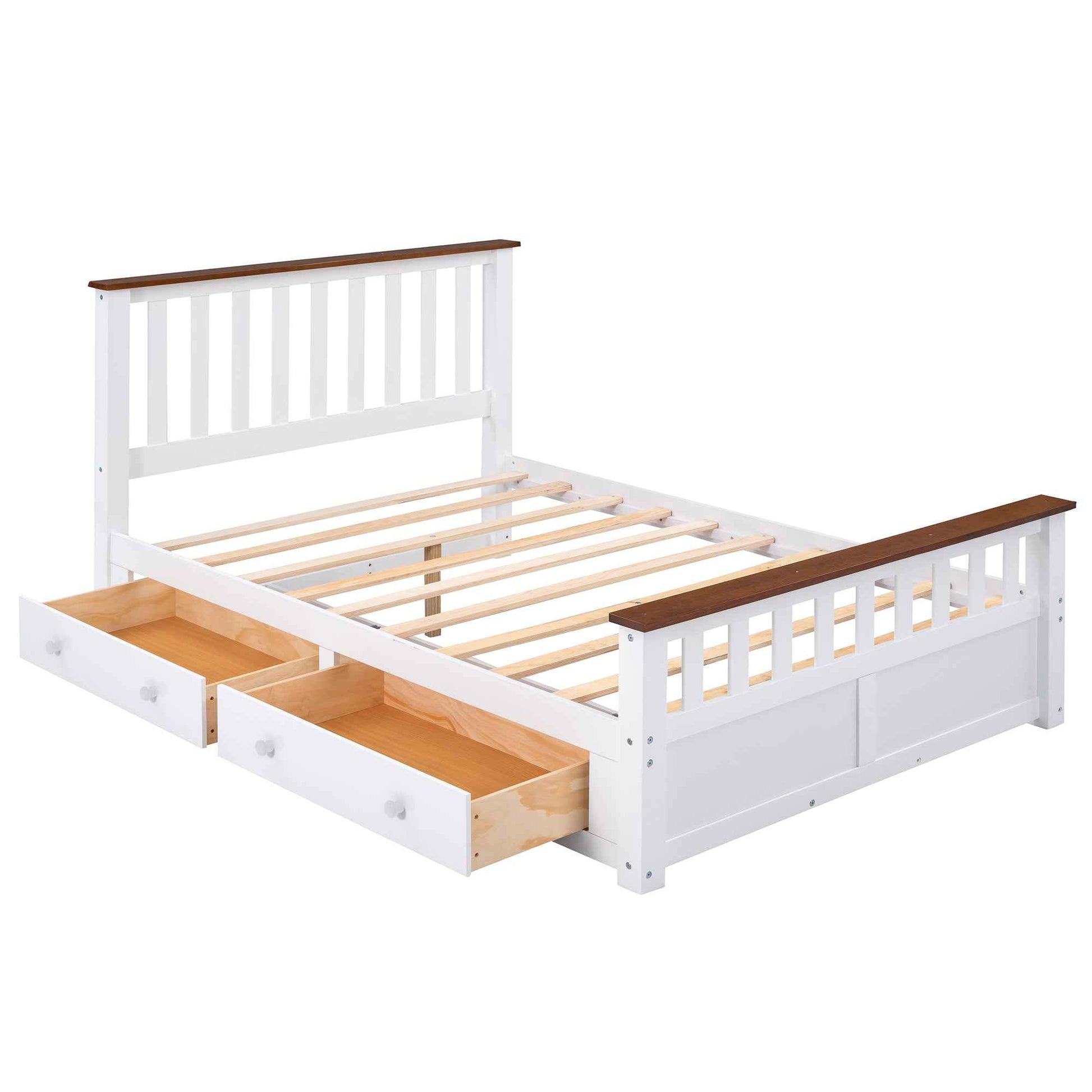 Elegant White Wood Platform Full Size Bed with Drawers