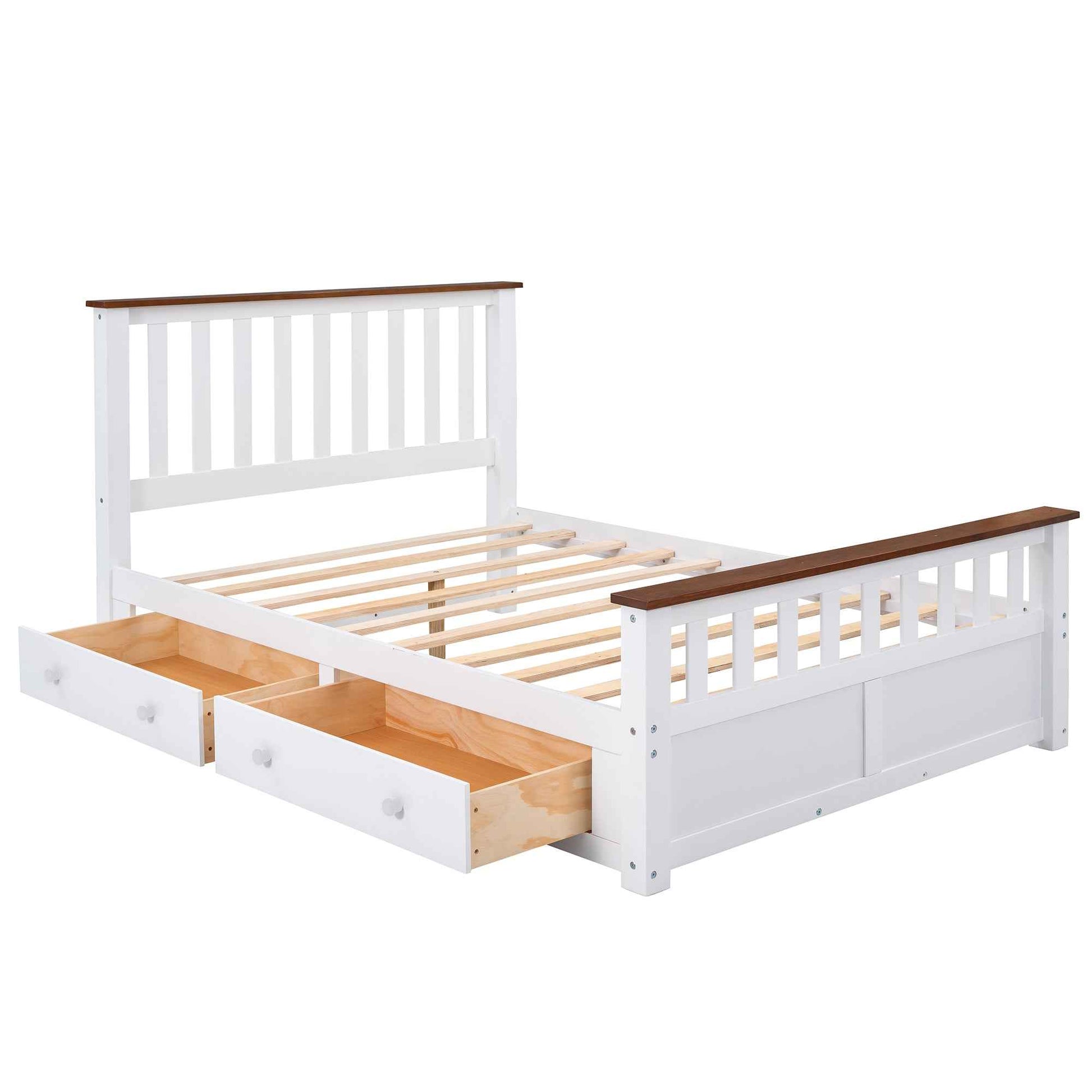 Elegant White Wood Platform Full Size Bed with Drawers