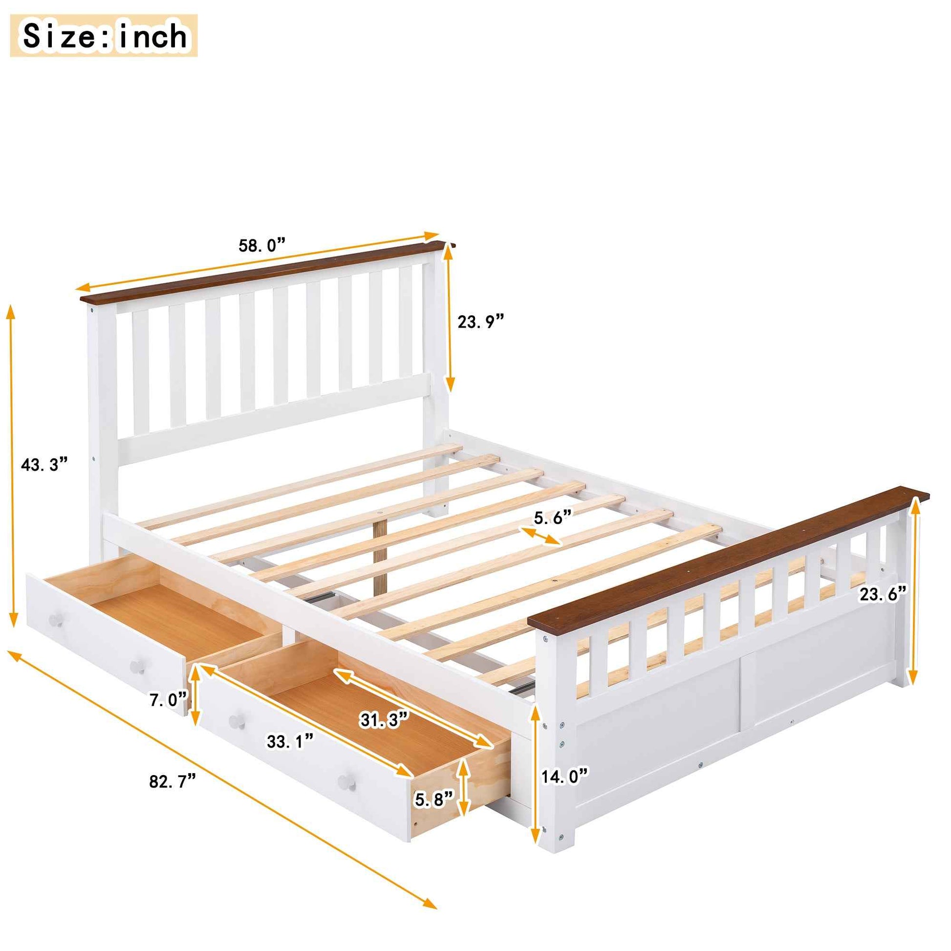 Elegant White Wood Platform Full Size Bed with Drawers