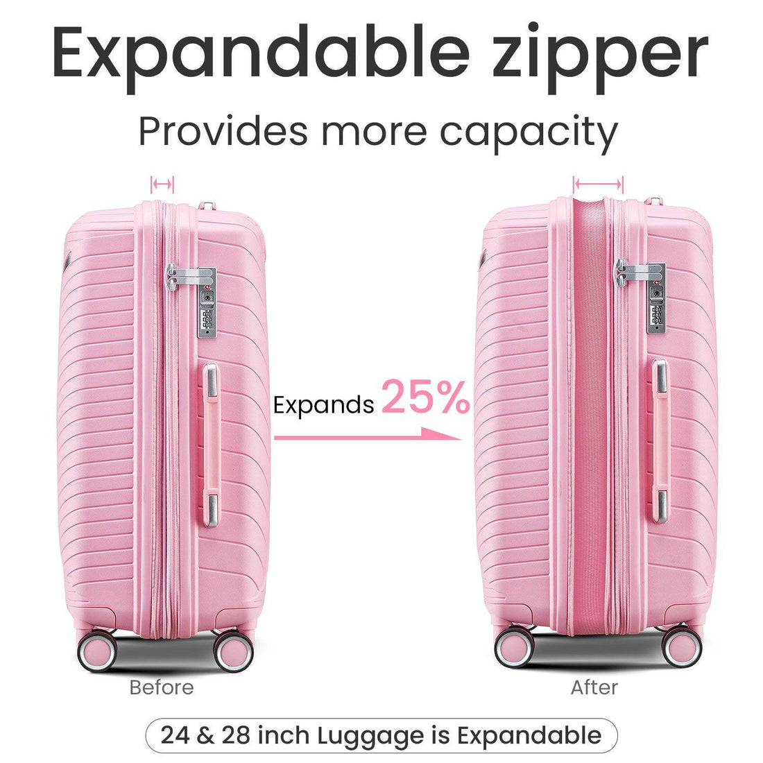 Expandable Lightweight Luggage Set in Stylish Pink USA