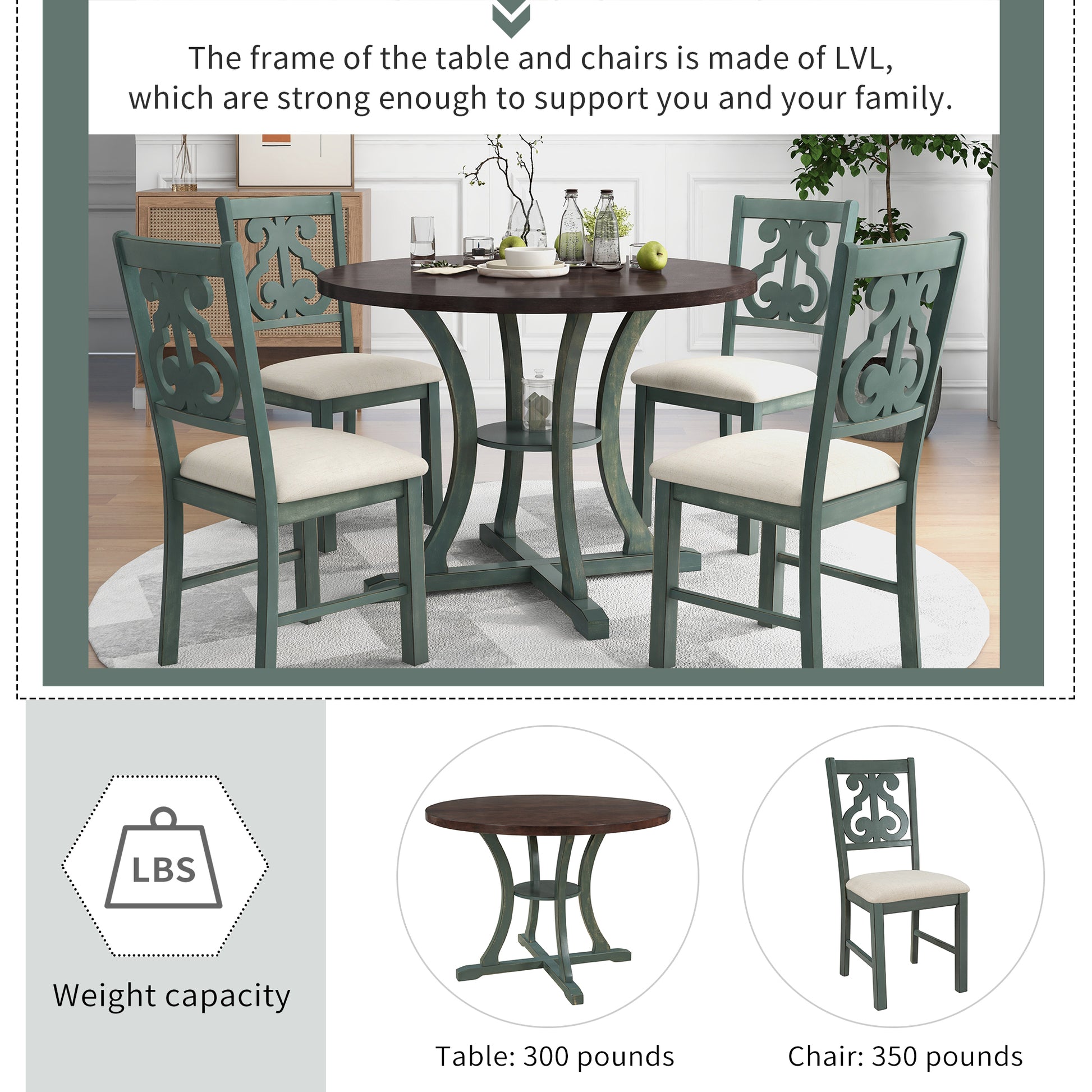 Exquisite 5-Piece Round Dining Set with Rustic Wood Table and Comfortable Padded Chairs USA