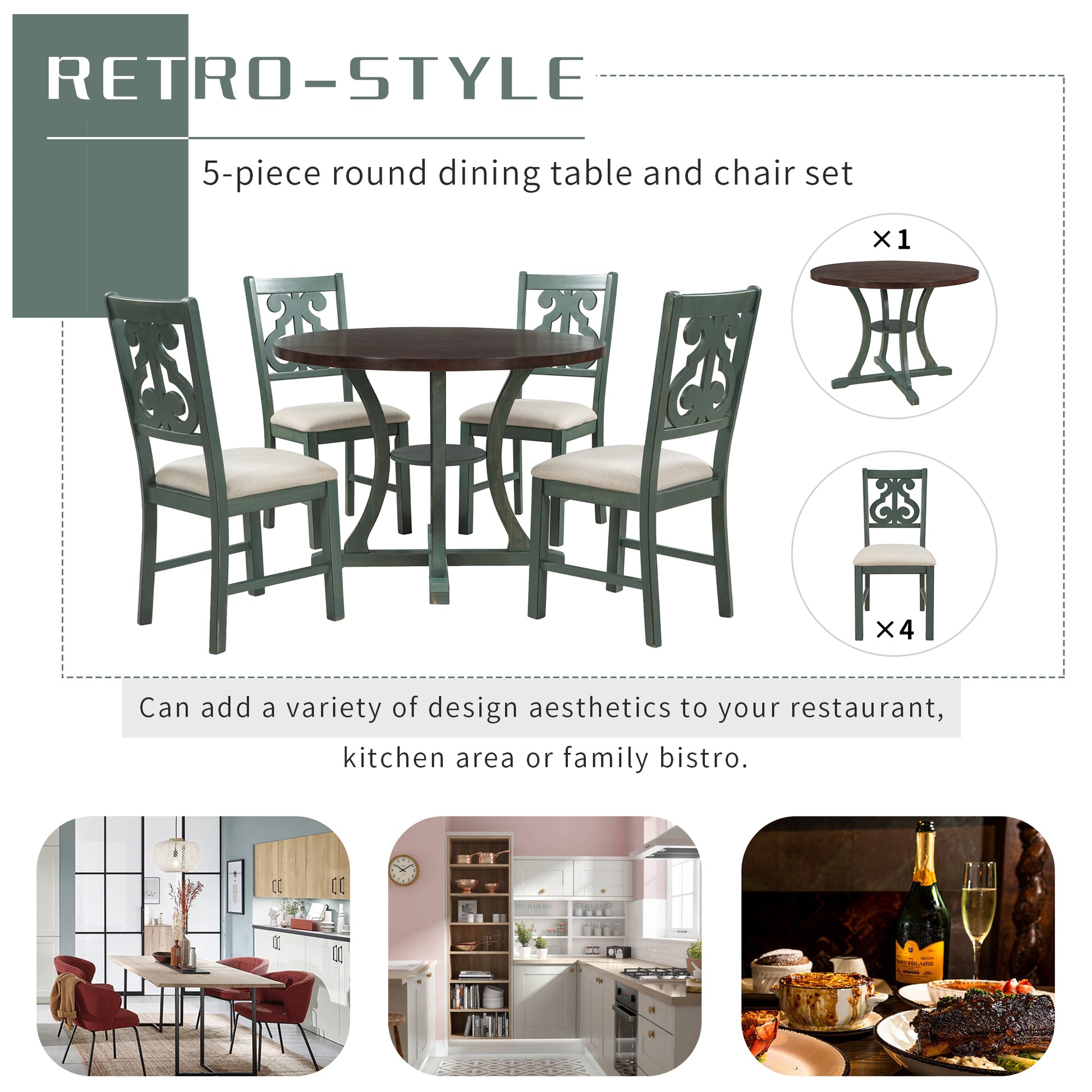 Exquisite 5-Piece Round Dining Set with Rustic Wood Table and Comfortable Padded Chairs USA