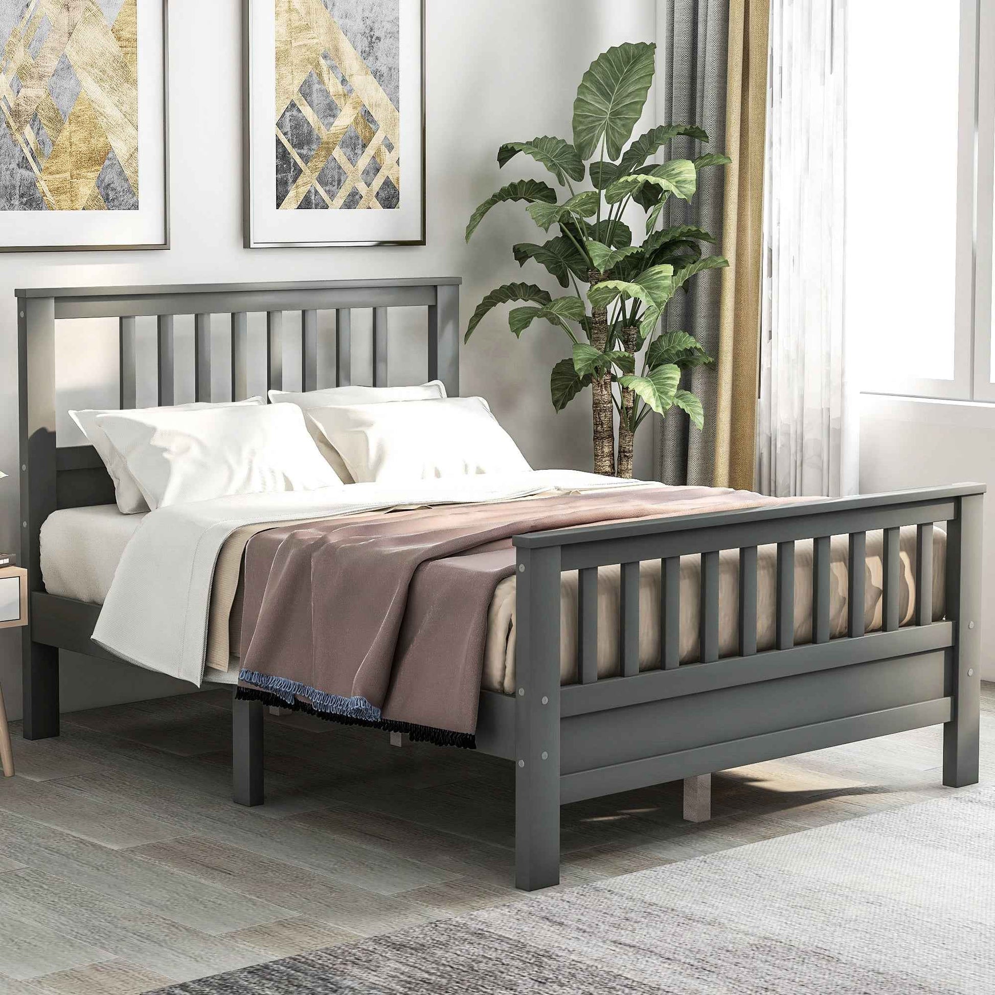 Farmhouse Queen Size Wood Platform Bed with Tufted Headboard- USA