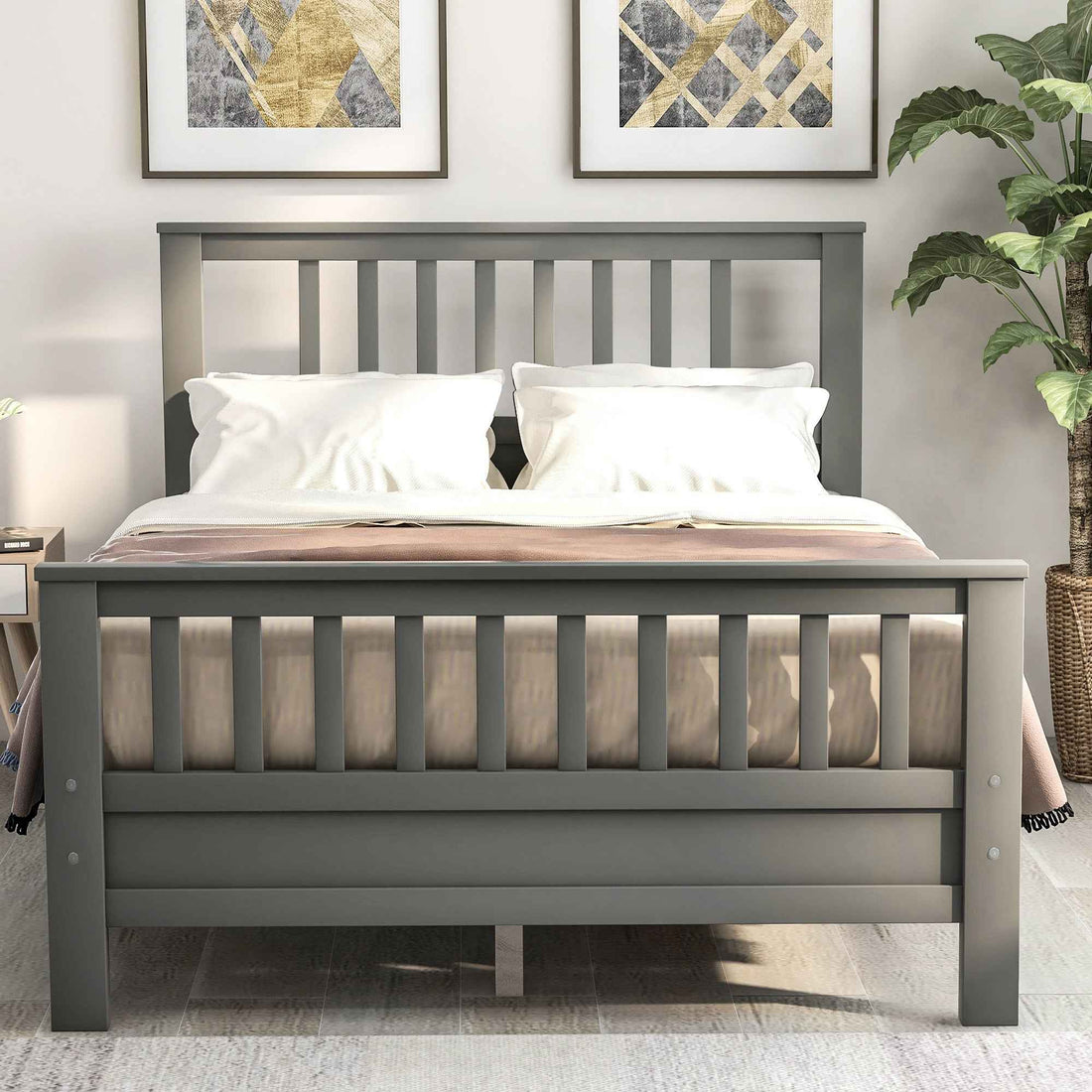 Farmhouse Queen Size Wood Platform Bed with Tufted Headboard- USA