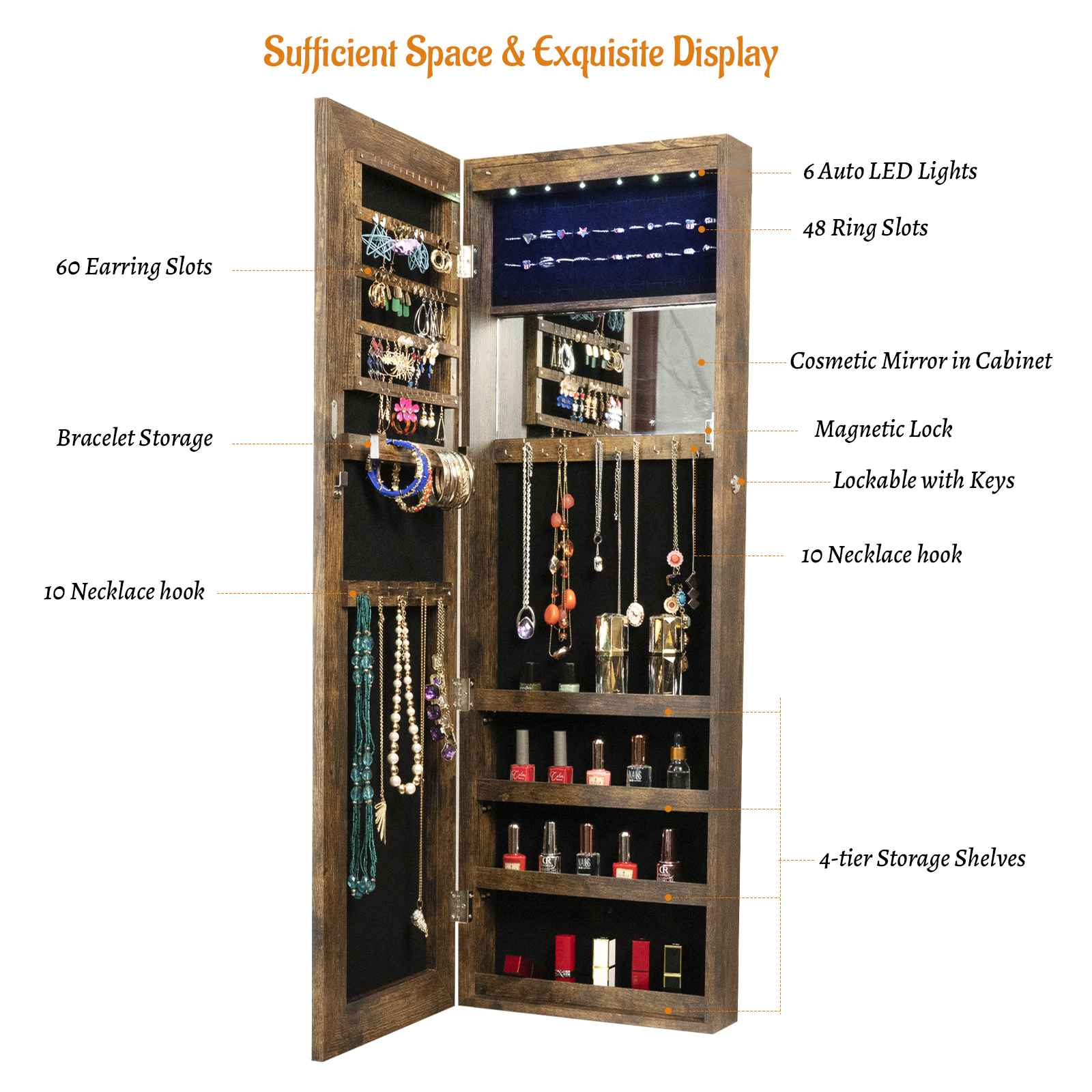 Fashion Simple Jewelry Storage Mirror Cabinet With LED Lights Can Be Hung On The Door Or Wall