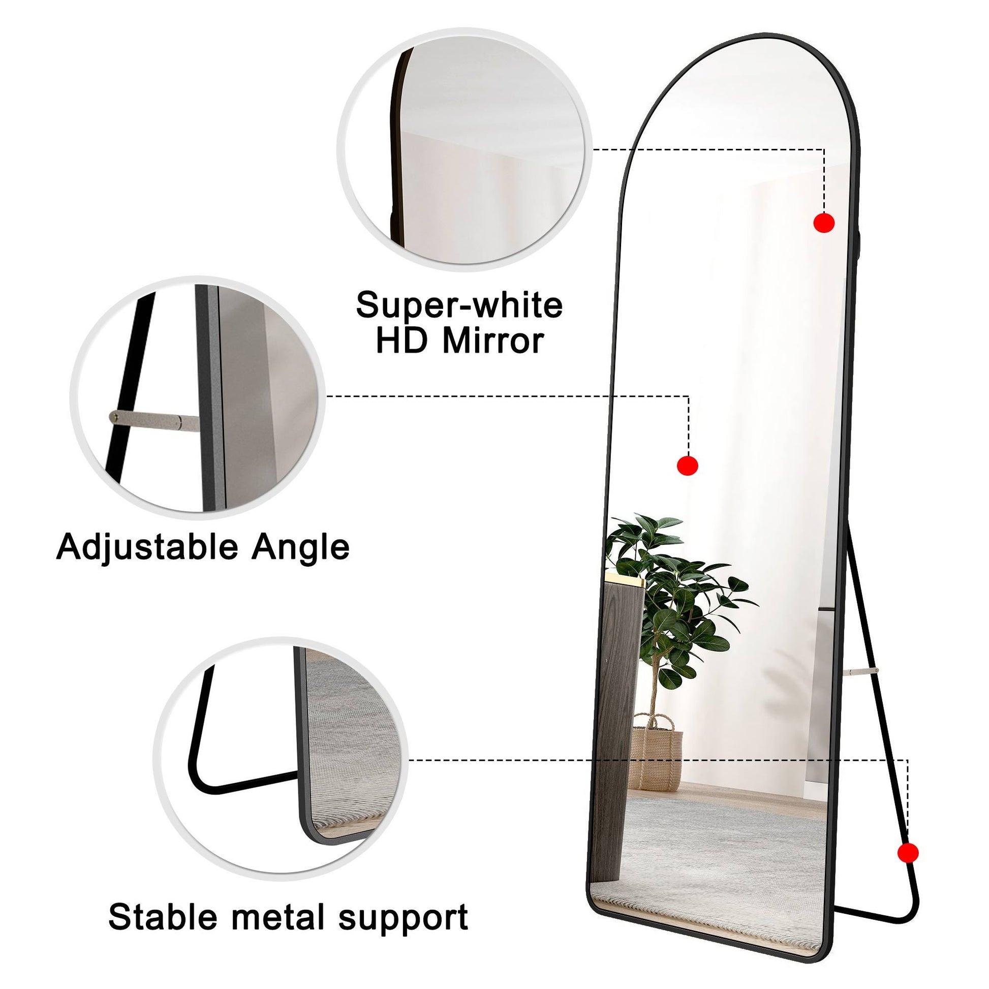 Full-Length Arched Black Mirror - Stylish Aluminum Frame for Any Space USA