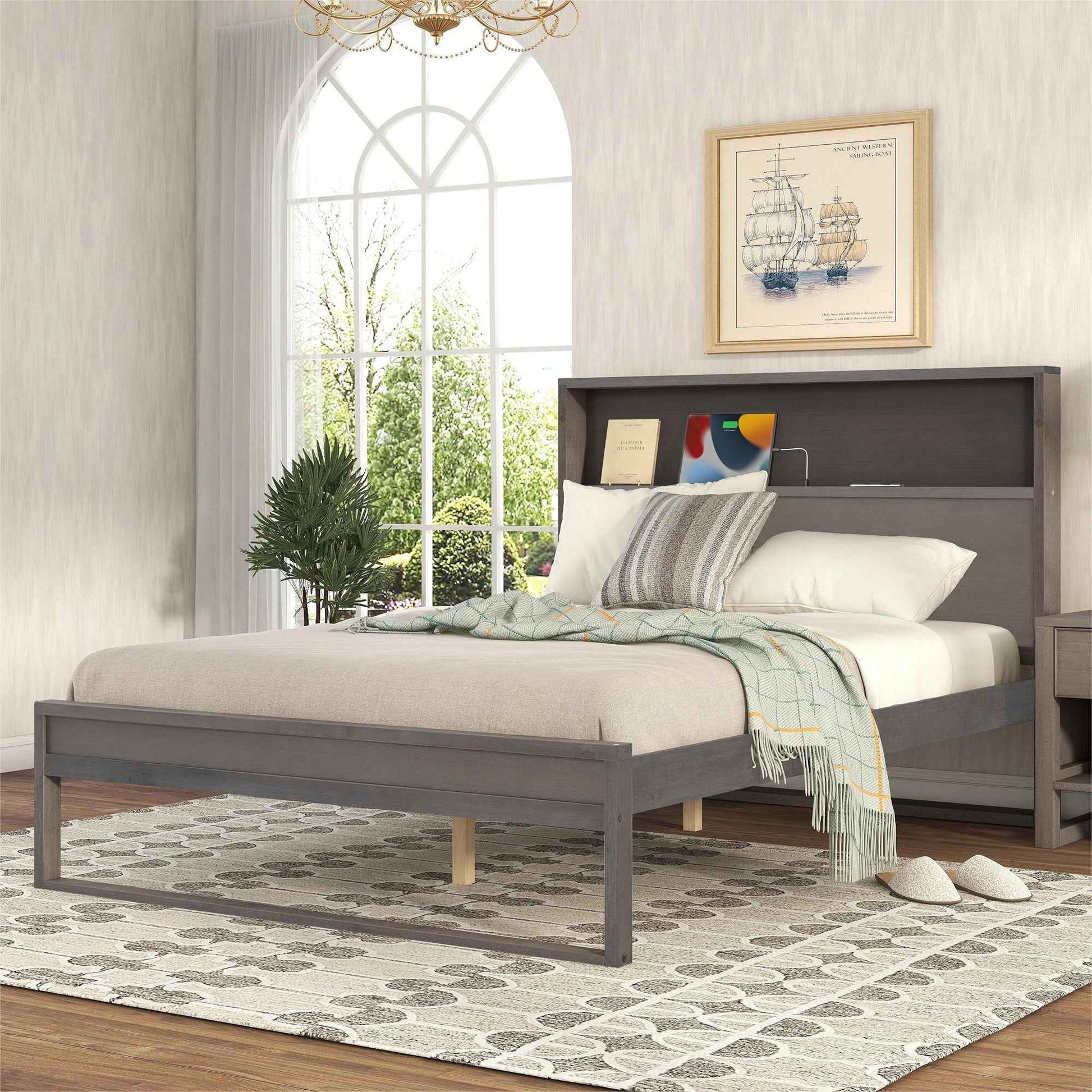 Full Size Platform Bed with Storage Headboard and Charging Ports