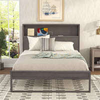 Full Size Platform Bed with Storage Headboard and Charging Ports