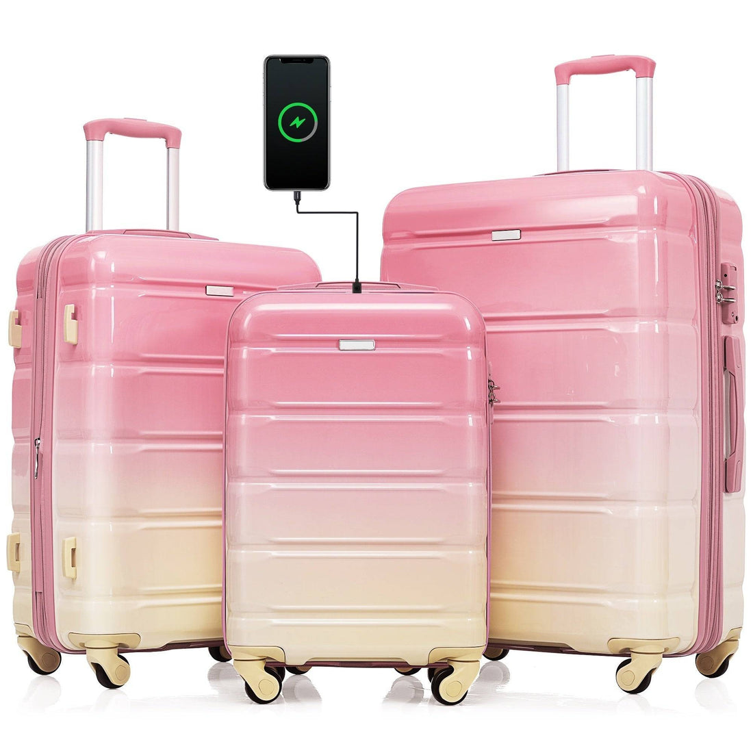 Furnistra 3-Piece Gradient Pink Expandable Hardside Luggage Set with USB Port and Cup Holder USA