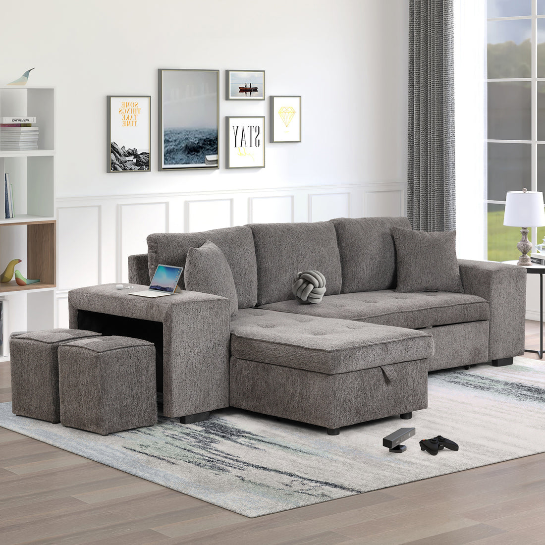 Furnistra 3-Piece Modern L-Shaped Sectional Sofa with Storage Chaise and Stools USA