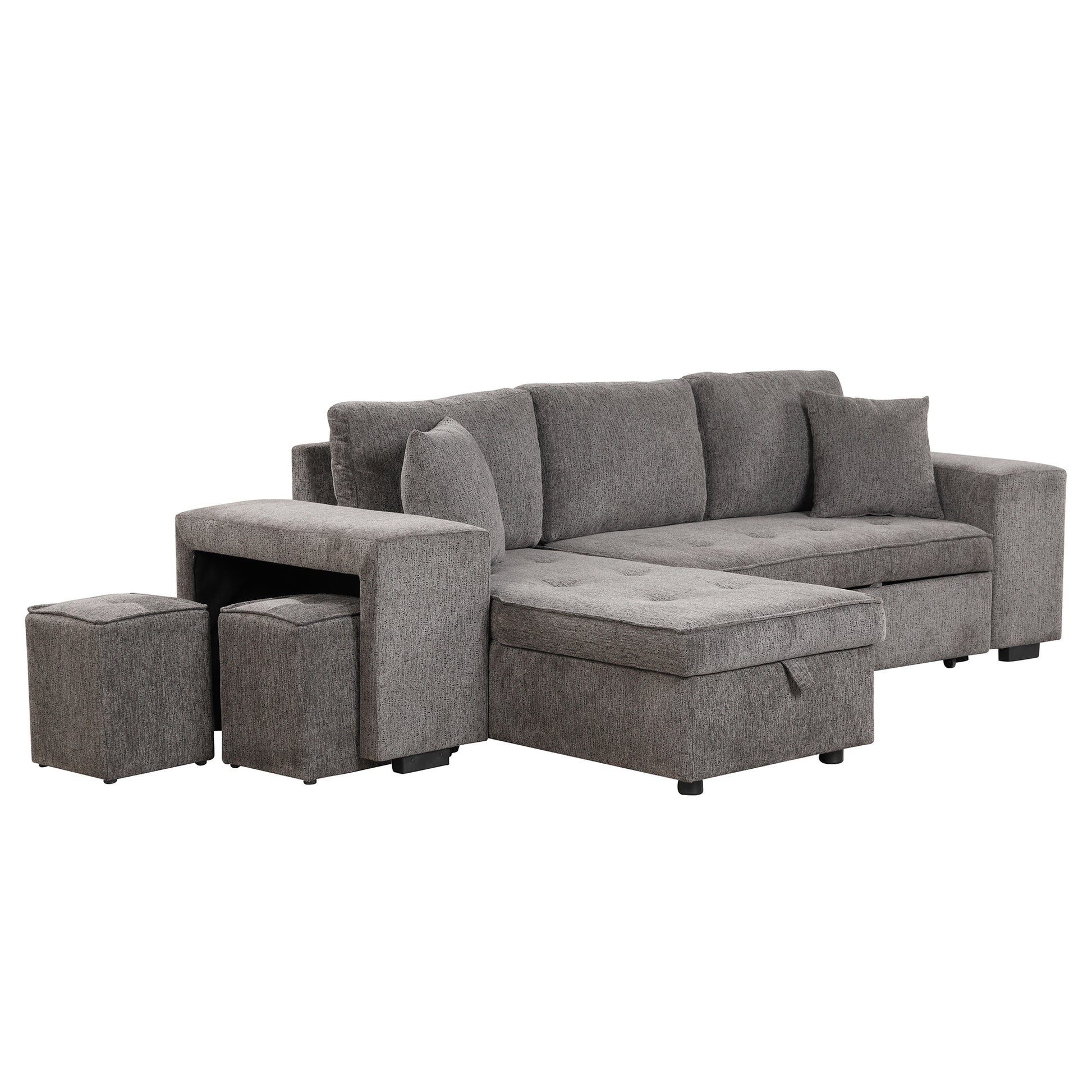 Furnistra 3-Piece Modern L-Shaped Sectional Sofa with Storage Chaise and Stools USA