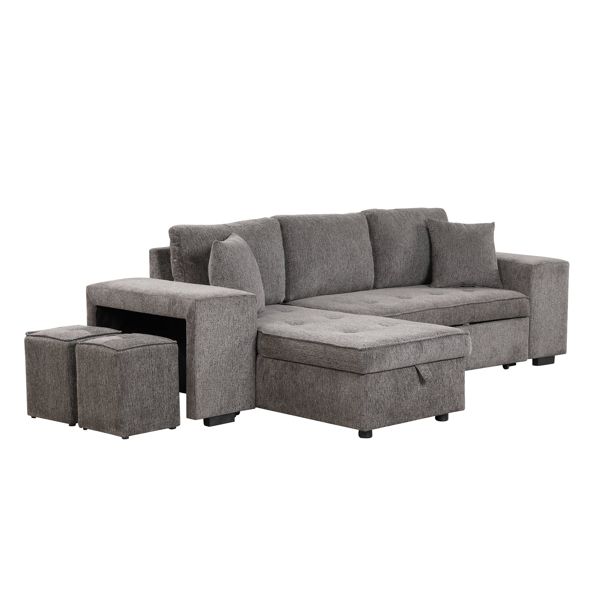 Furnistra 3-Piece Modern L-Shaped Sectional Sofa with Storage Chaise and Stools USA