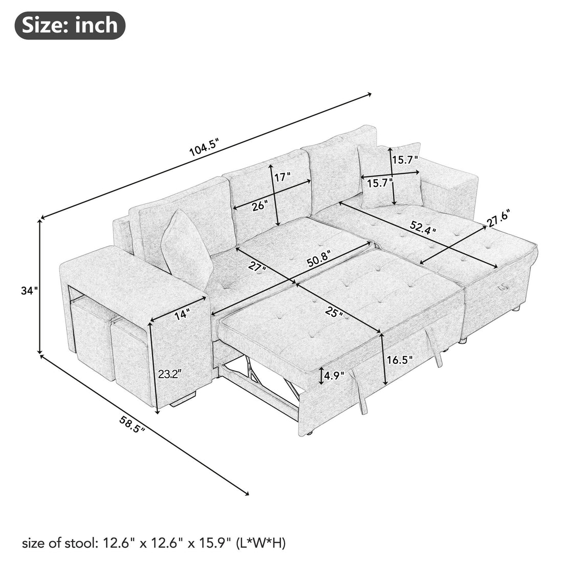 Furnistra 3-Piece Modern L-Shaped Sectional Sofa with Storage Chaise and Stools USA