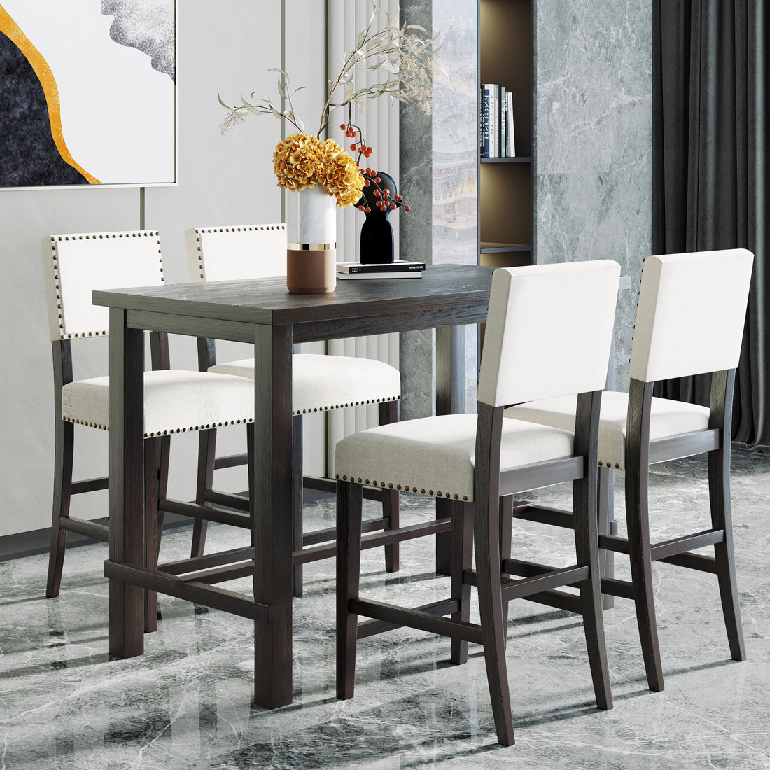 Furnistra 5-Piece Counter Height Dining Set with Elegant Table and 4 Chairs in Espresso and Beige USA