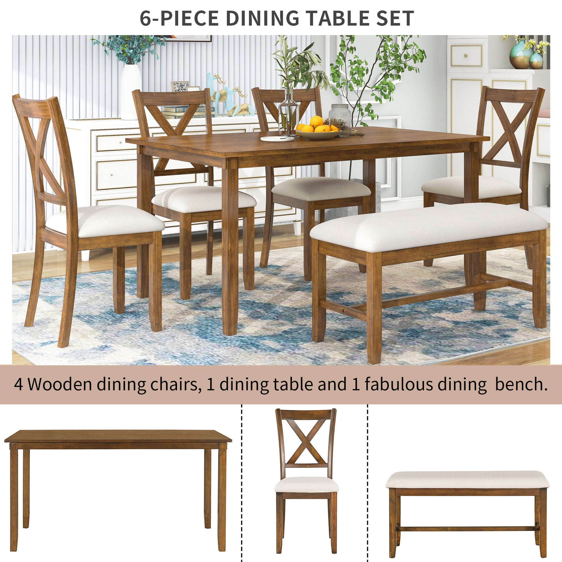 Furnistra 7-Piece Rustic Dining Set with Rectangular Table and Bench USA