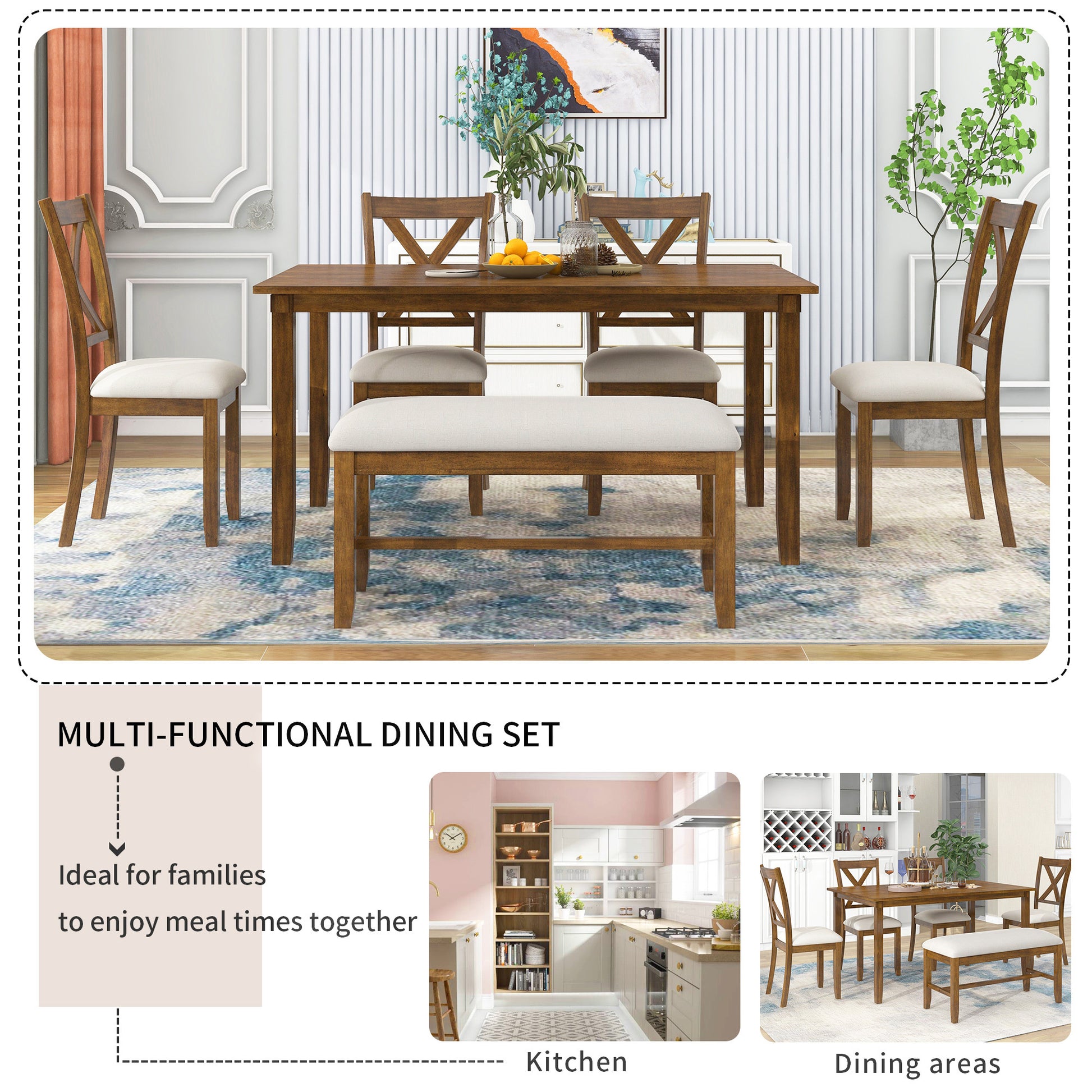 Furnistra 7-Piece Rustic Dining Set with Rectangular Table and Bench USA