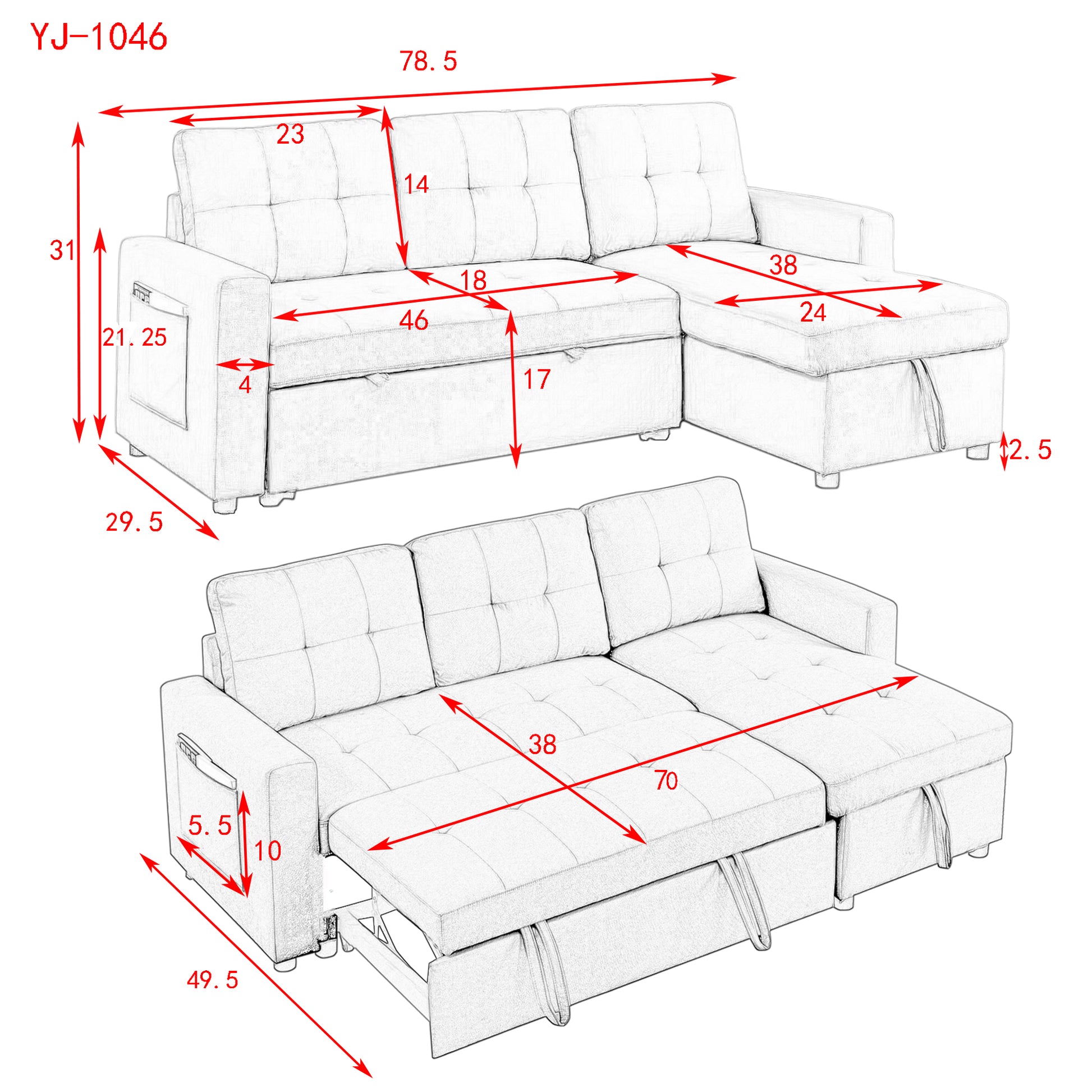 Furnistra Convertible Sofa Bed with Storage Chaise USA