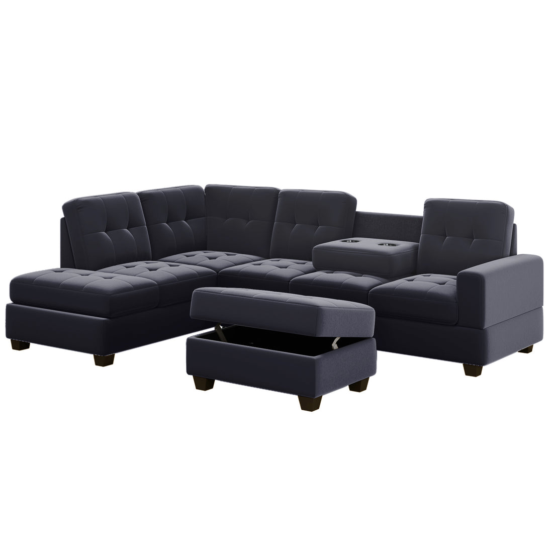 Furnistra Deluxe Modern L-Shaped Sectional Sofa with Storage Ottoman and Cup Holders USA