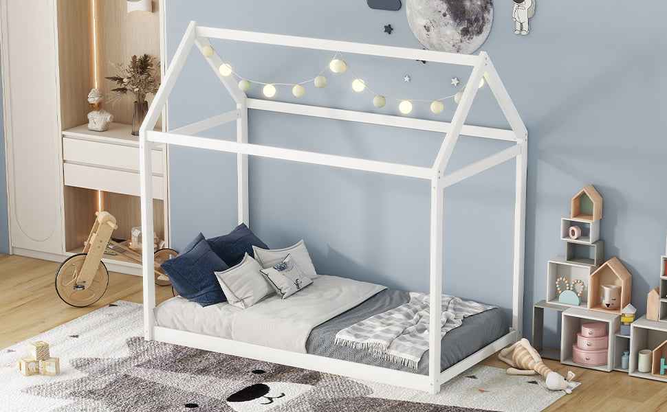 Furnistra House Frame Twin Size Wooden Bed in White- USA