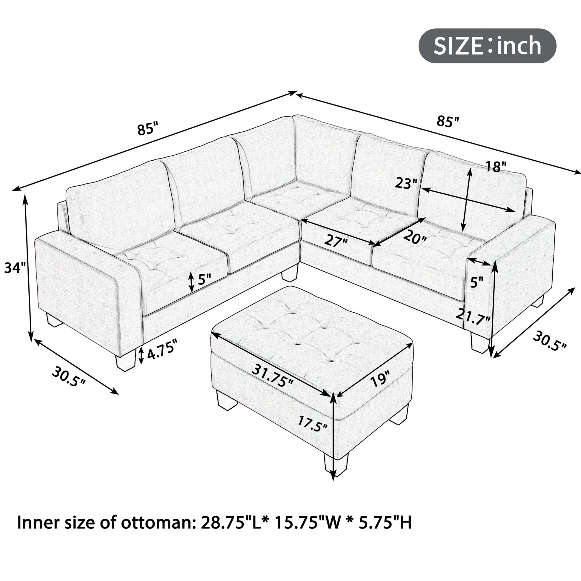 Furnistra L-Shaped Modular Sectional Sofa with Storage Ottoman USA