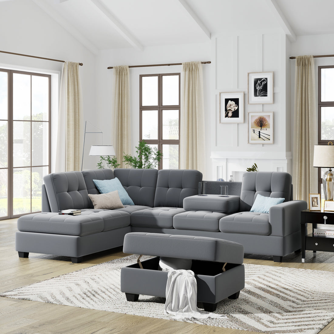 Furnistra Orisfur Modern L-Shaped Sectional Sofa with Reversible Chaise and Storage Ottoman USA