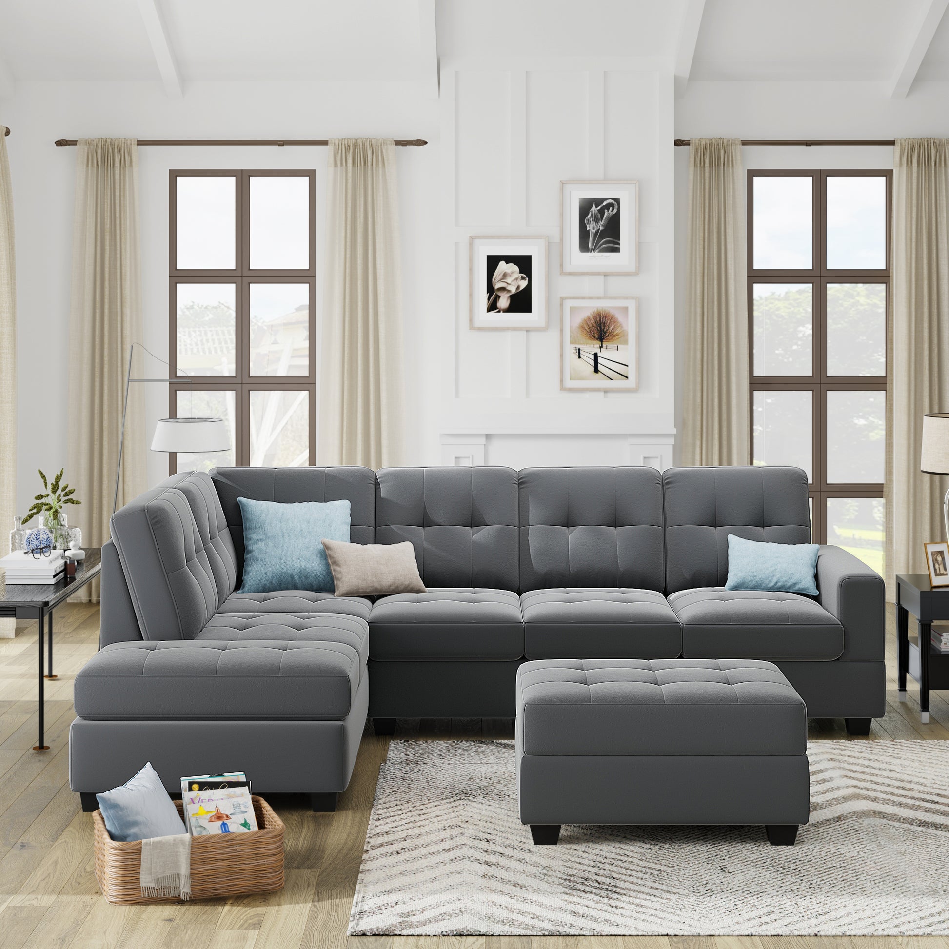 Furnistra Orisfur Modern L-Shaped Sectional Sofa with Reversible Chaise and Storage Ottoman USA