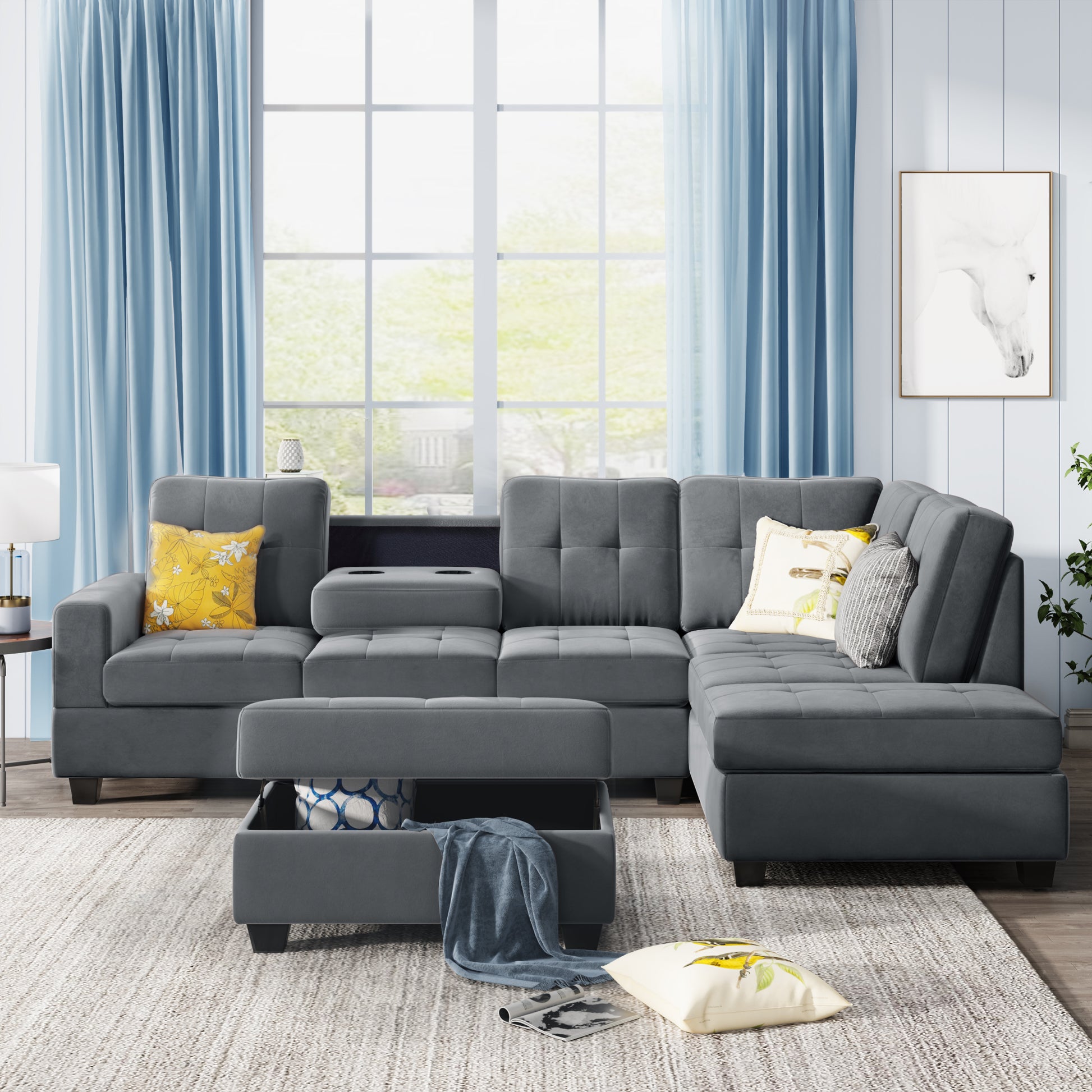 Furnistra Orisfur Modern L-Shaped Sectional Sofa with Reversible Chaise and Storage Ottoman USA