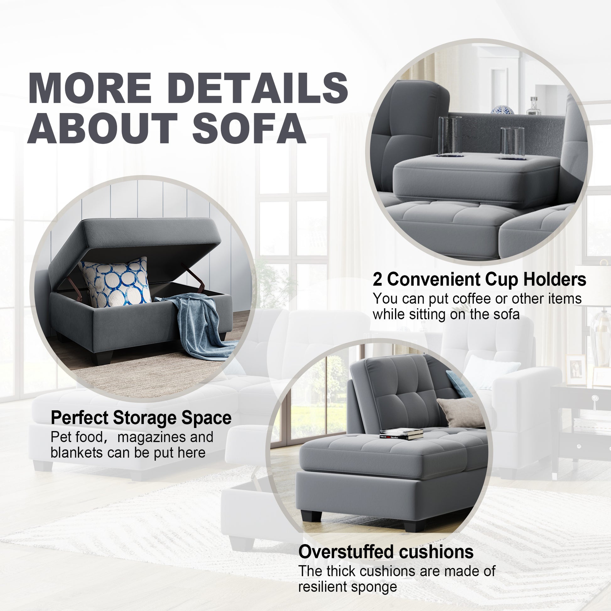 Furnistra Orisfur Modern L-Shaped Sectional Sofa with Reversible Chaise and Storage Ottoman USA