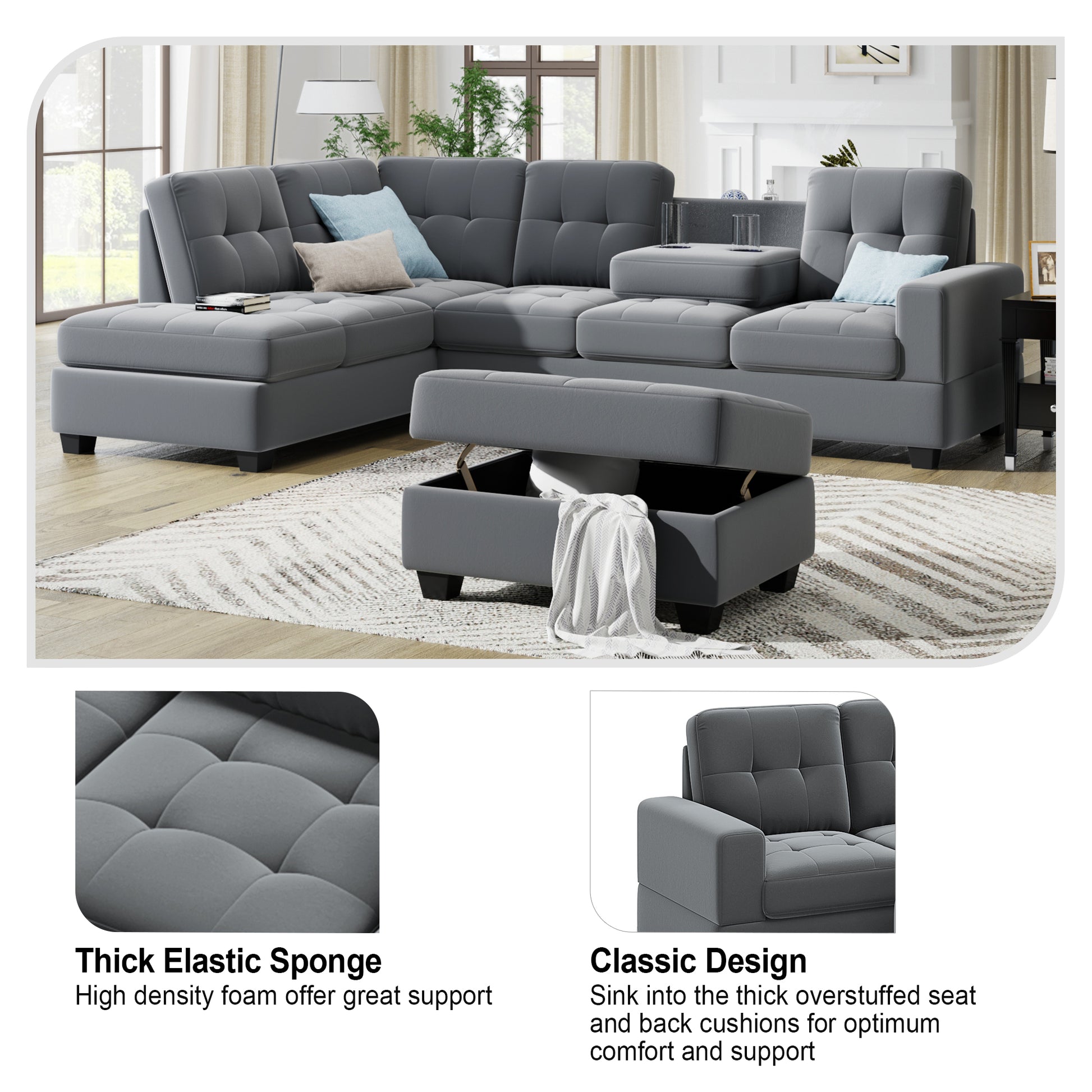 Furnistra Orisfur Modern L-Shaped Sectional Sofa with Reversible Chaise and Storage Ottoman USA