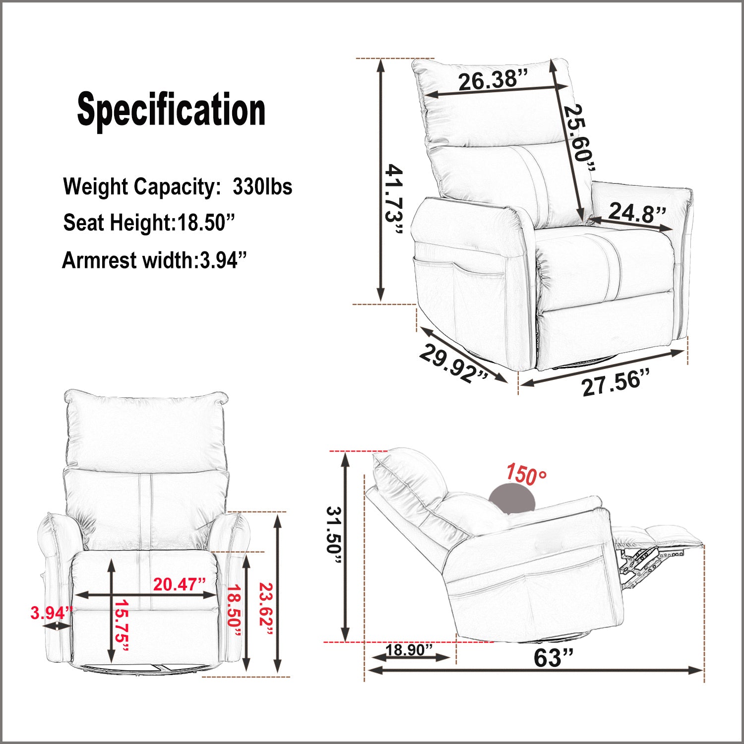 Furnistra Plush Recliner Chair - Comfortable Swivel Rocker for Living Room USA