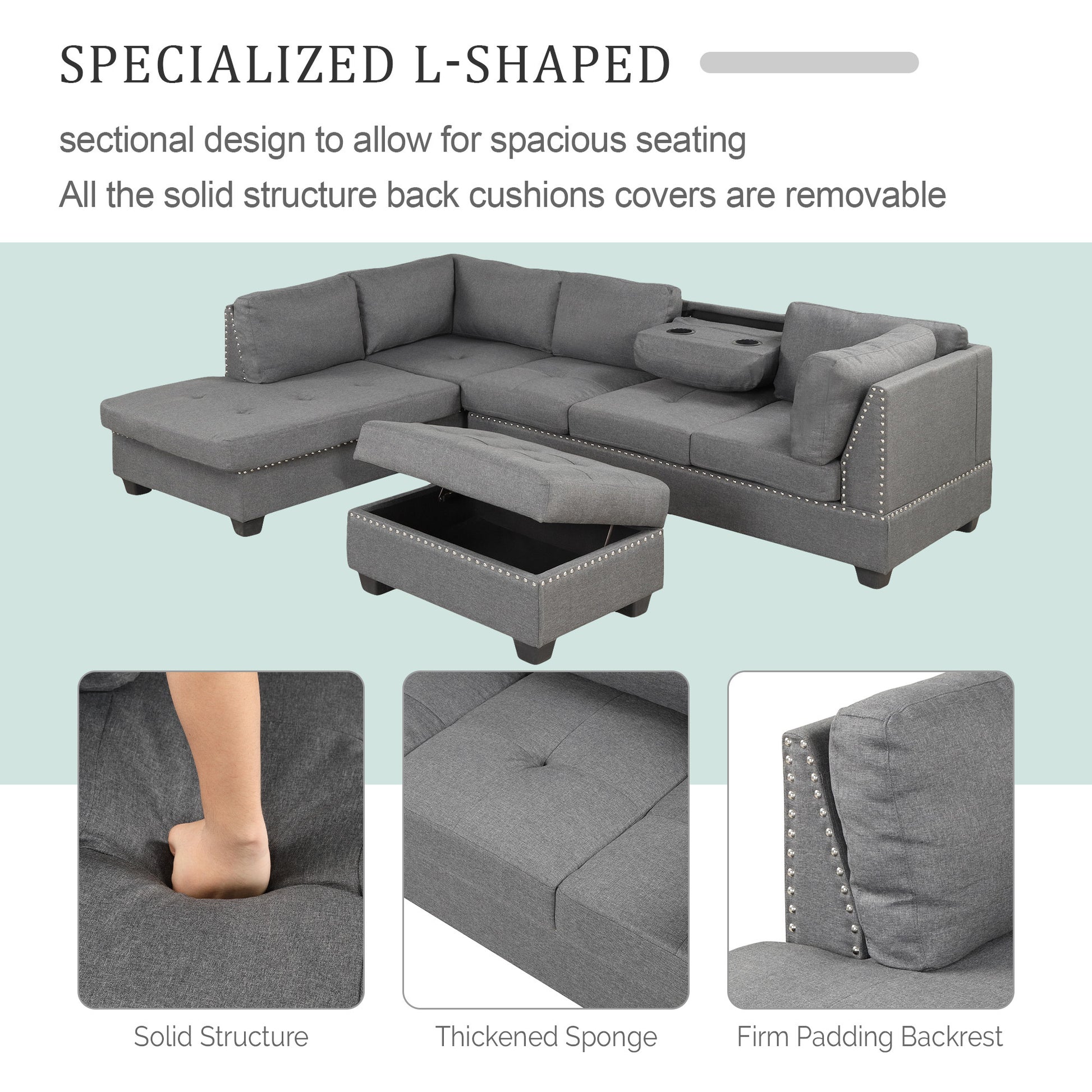 Furnistra Reversible L-Shaped Sectional Sofa with Storage Ottoman USA