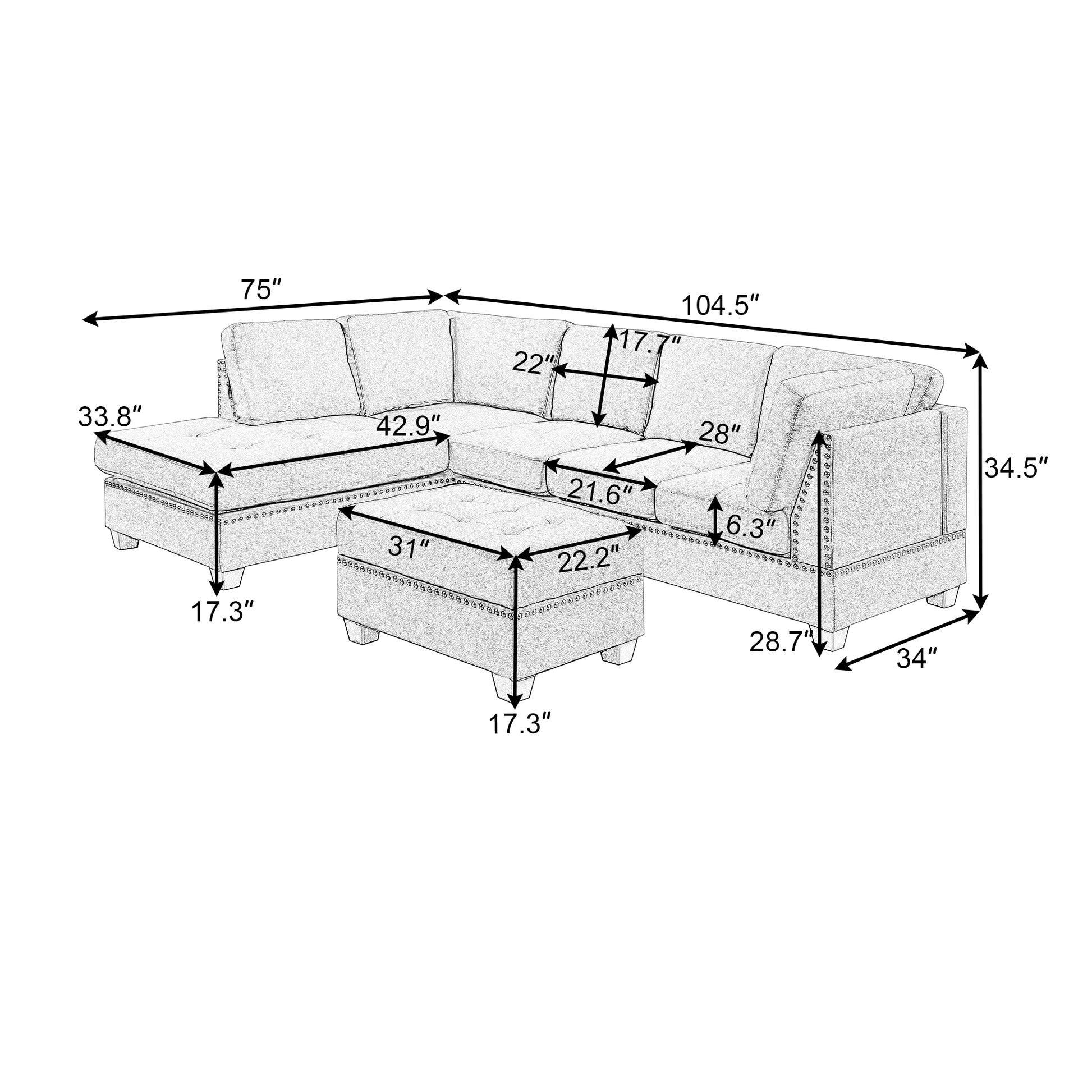 Furnistra Reversible L-Shaped Sectional Sofa with Storage Ottoman USA