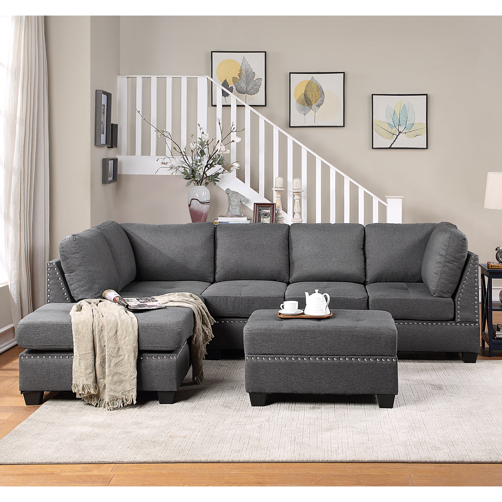 Furnistra Reversible L-Shaped Sectional Sofa with Storage Ottoman USA