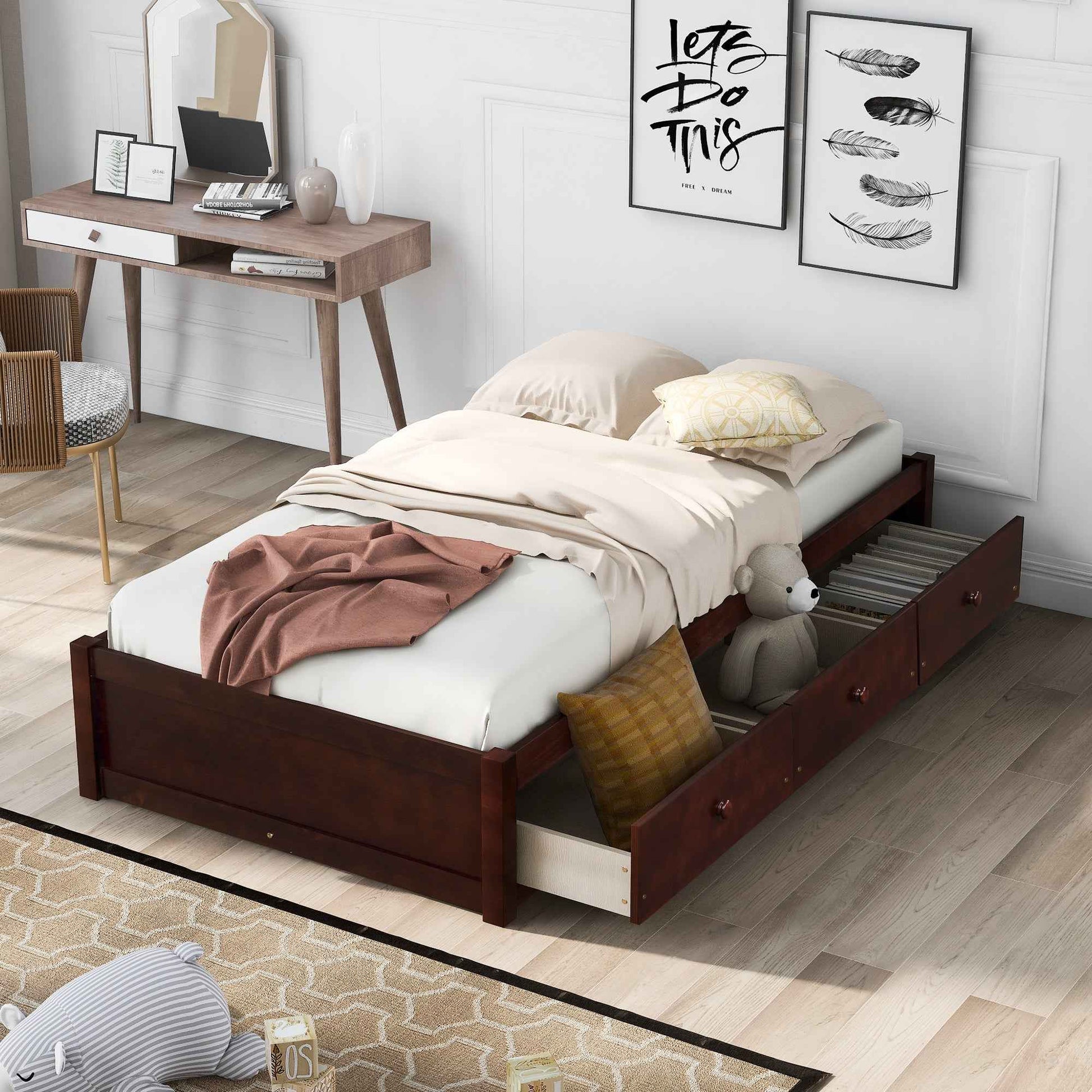 Furnistra Twin Size Platform Storage Bed with 3 Drawers- USA