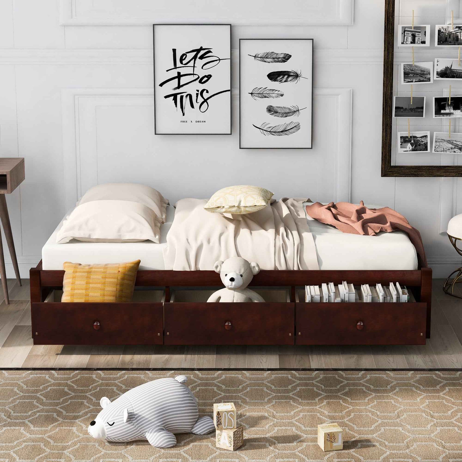 Furnistra Twin Size Platform Storage Bed with 3 Drawers- USA