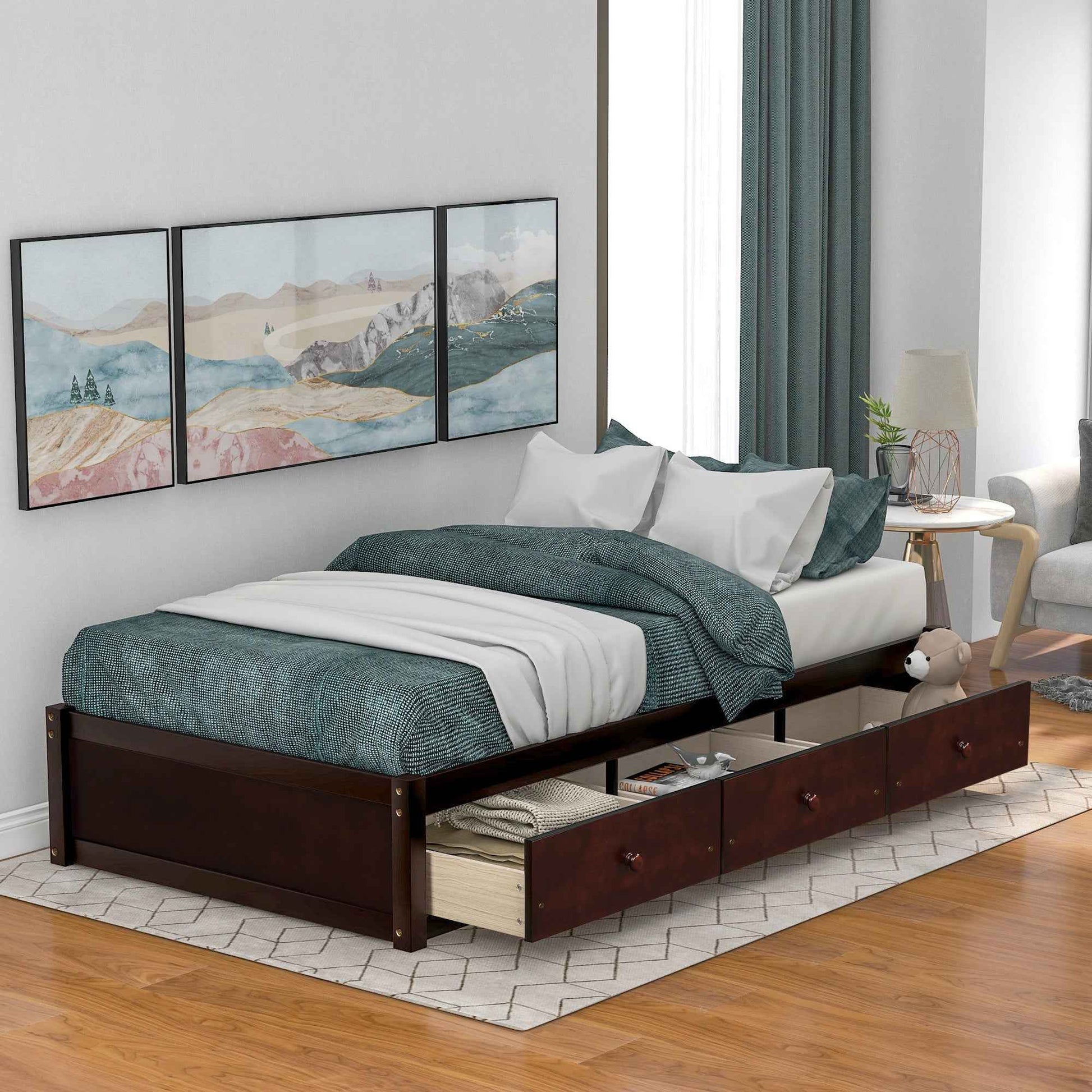 Furnistra Twin Size Platform Storage Bed with 3 Drawers- USA