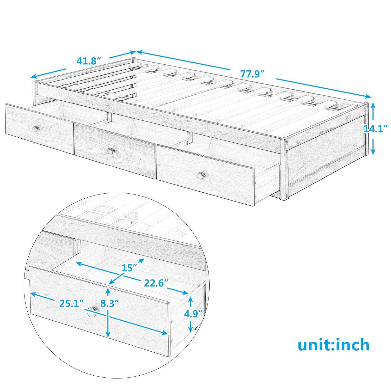 Furnistra Twin Size Platform Storage Bed with 3 Drawers- USA