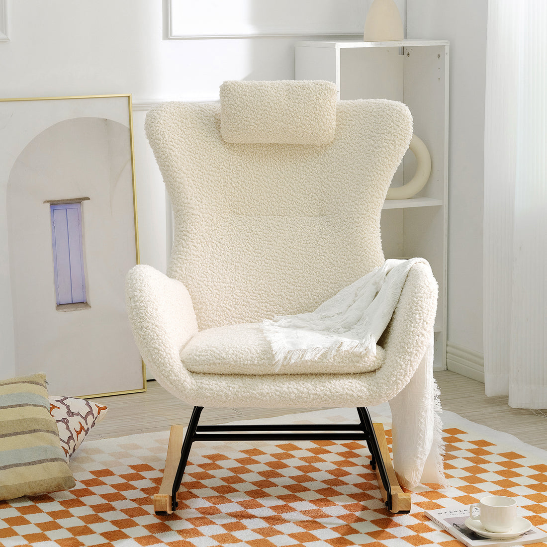 Furnistras Plush Upholstered Rocking Chair - Cozy Nursery Glider with Adjustable Headrest USA