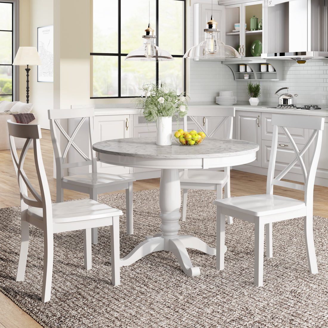 Hampstead Round Dining Table with 4 Upholstered Chairs in Rustic White Finish USA