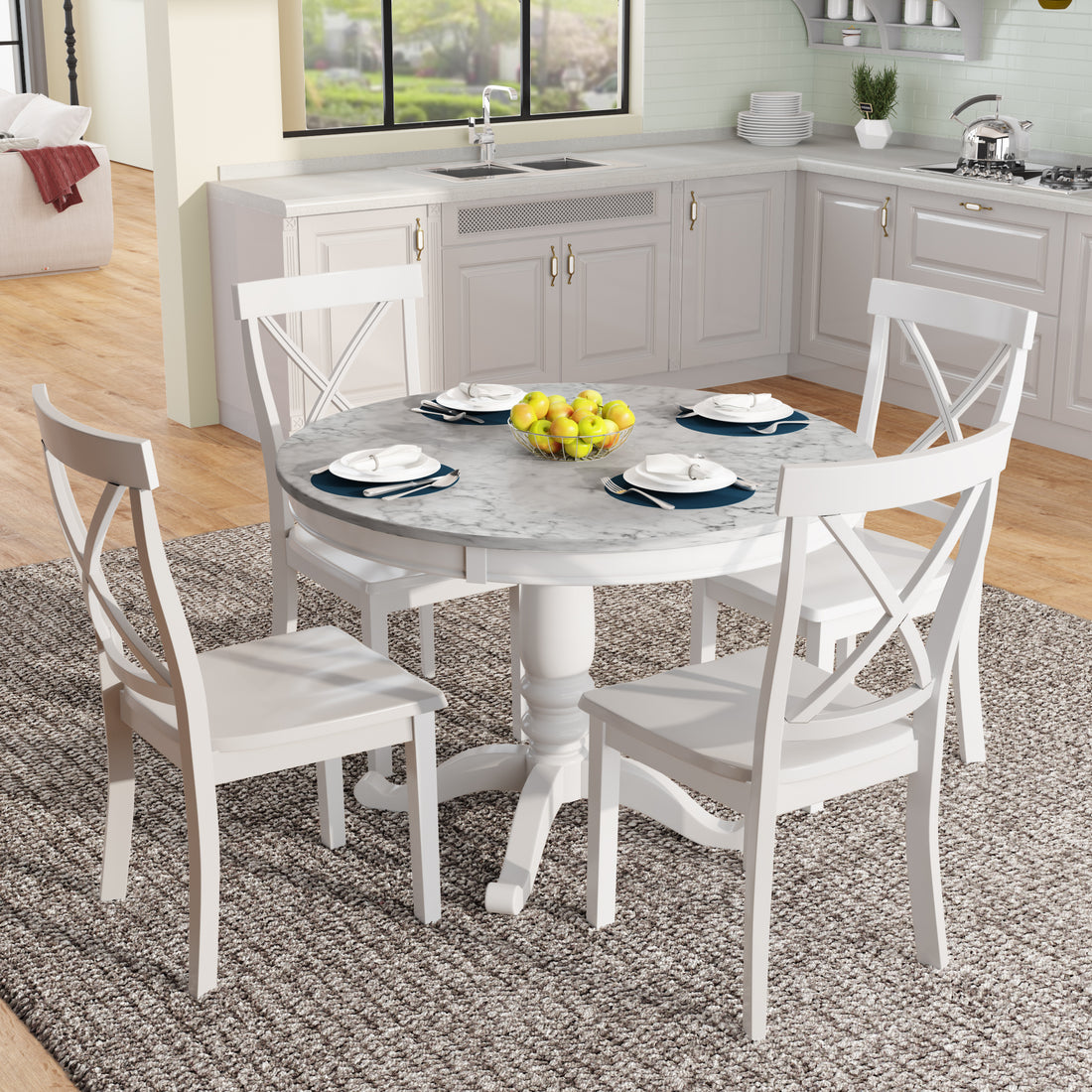 Hampstead Round Dining Table with 4 Upholstered Chairs in Rustic White Finish USA