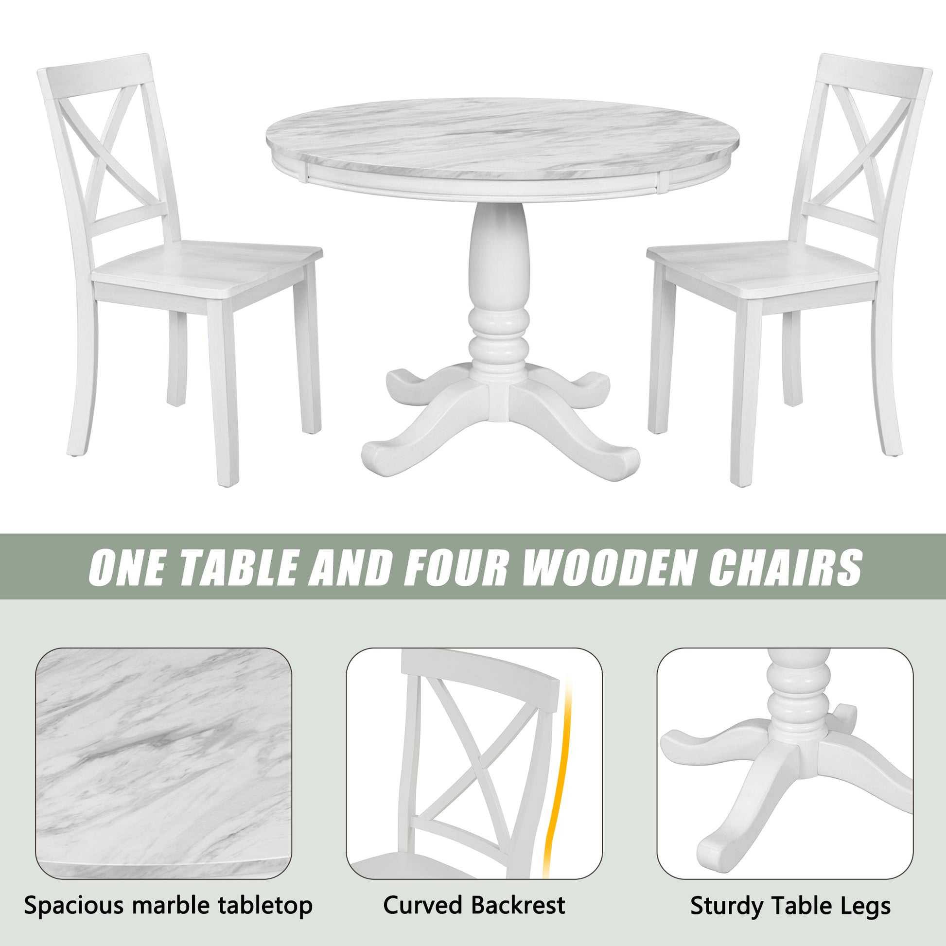 Hampstead Round Dining Table with 4 Upholstered Chairs in Rustic White Finish USA