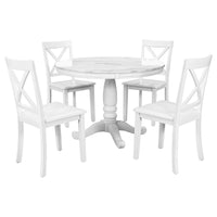 Hampstead Round Dining Table with 4 Upholstered Chairs in Rustic White Finish USA