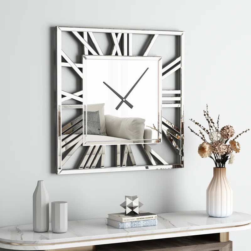 Large Mirrored Roman Numerals Square Wall Clock - Art Deco Design USA