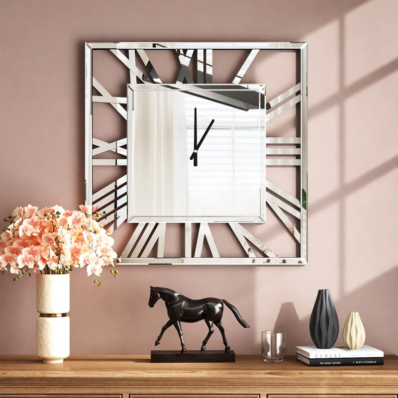 Large Mirrored Roman Numerals Square Wall Clock - Art Deco Design USA