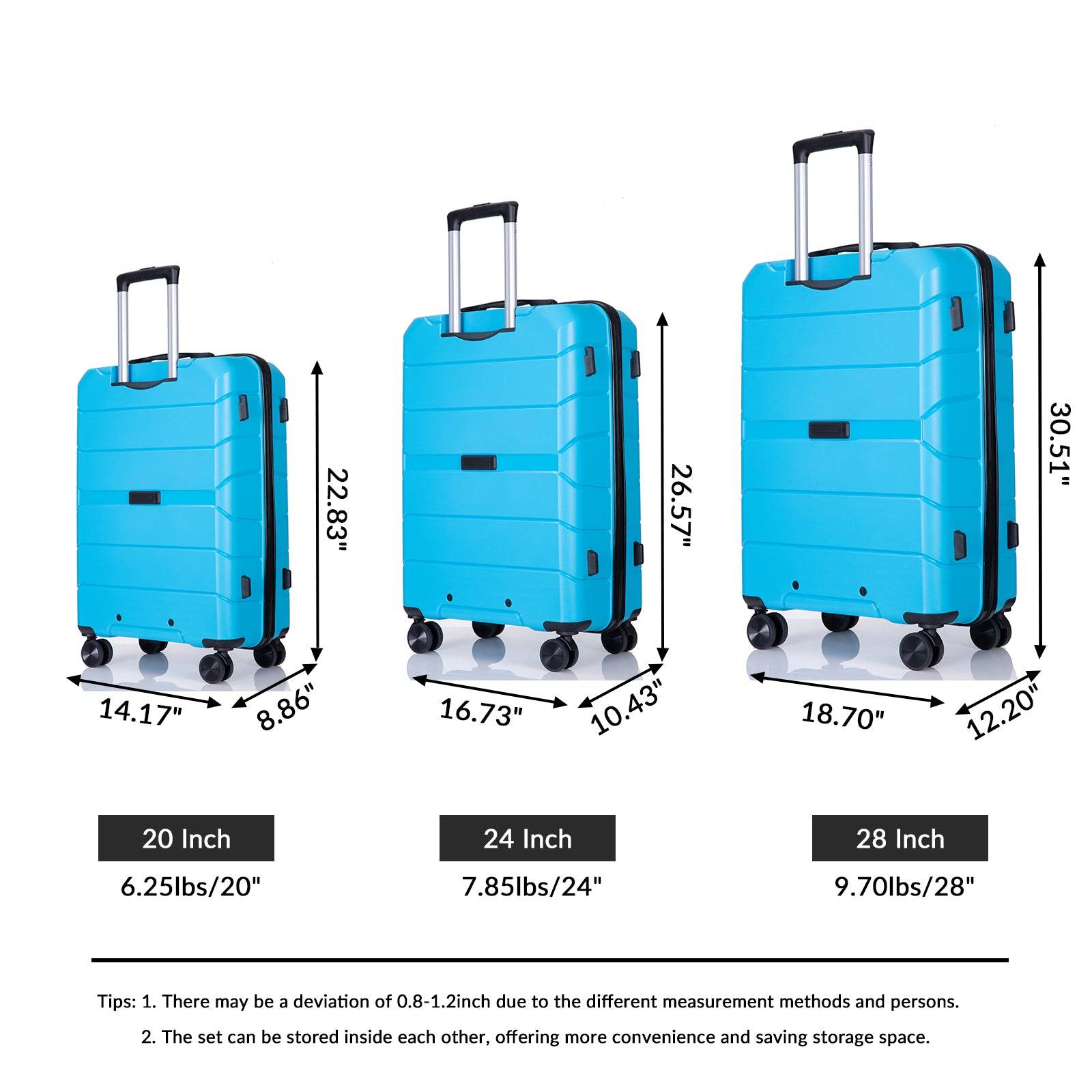 Lightweight Hardshell Luggage Sets with Spinner Wheels - Sky Blue USA